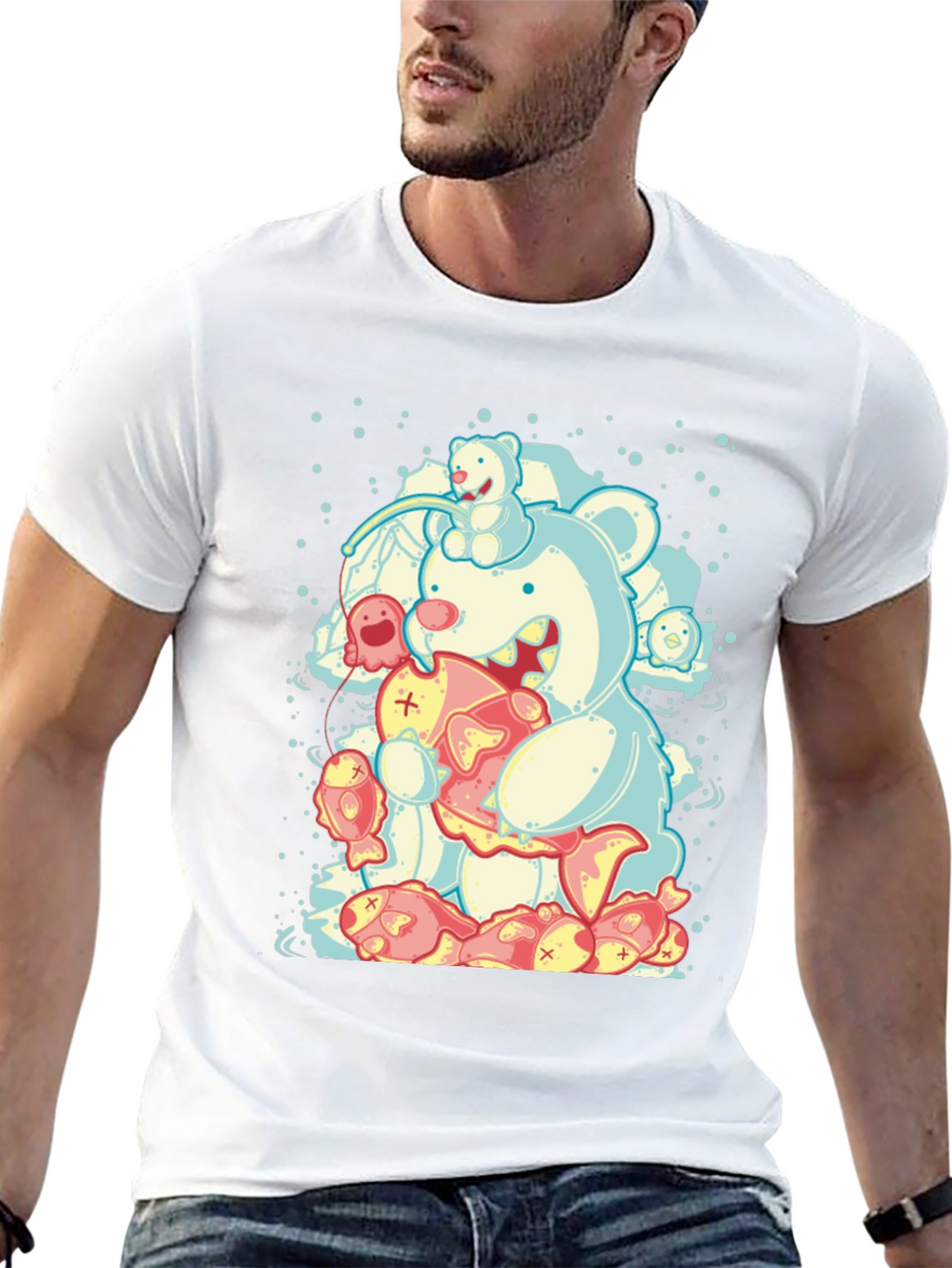 Bear Eating Fish Graphic T-Shirt
