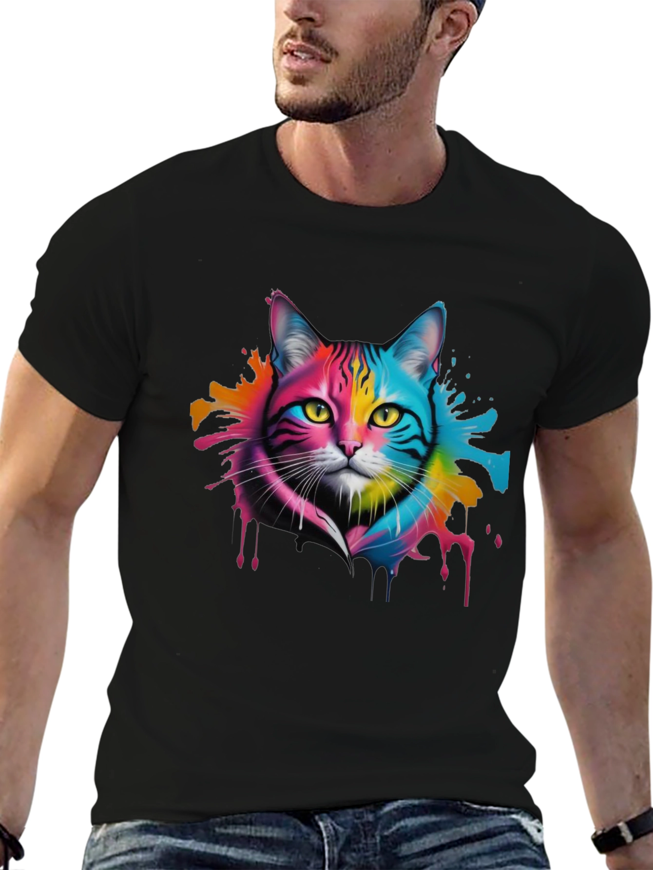 Colorful Cat Graphic Tee - Unique Design