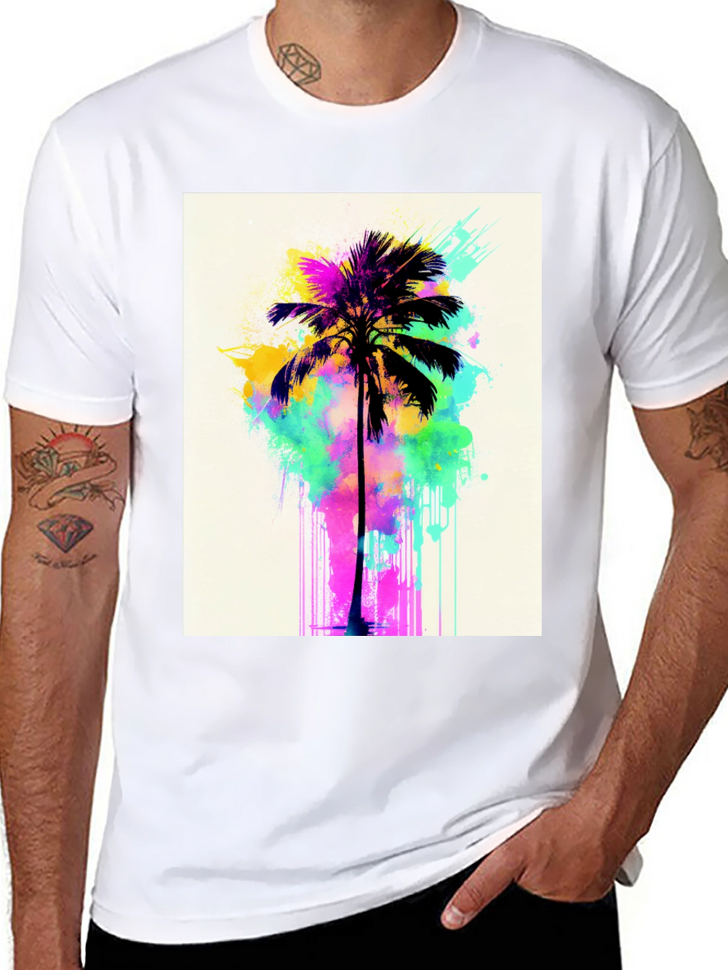 Vibrant Palm Tree Graphic Tee - Black Cotton T-Shirt
