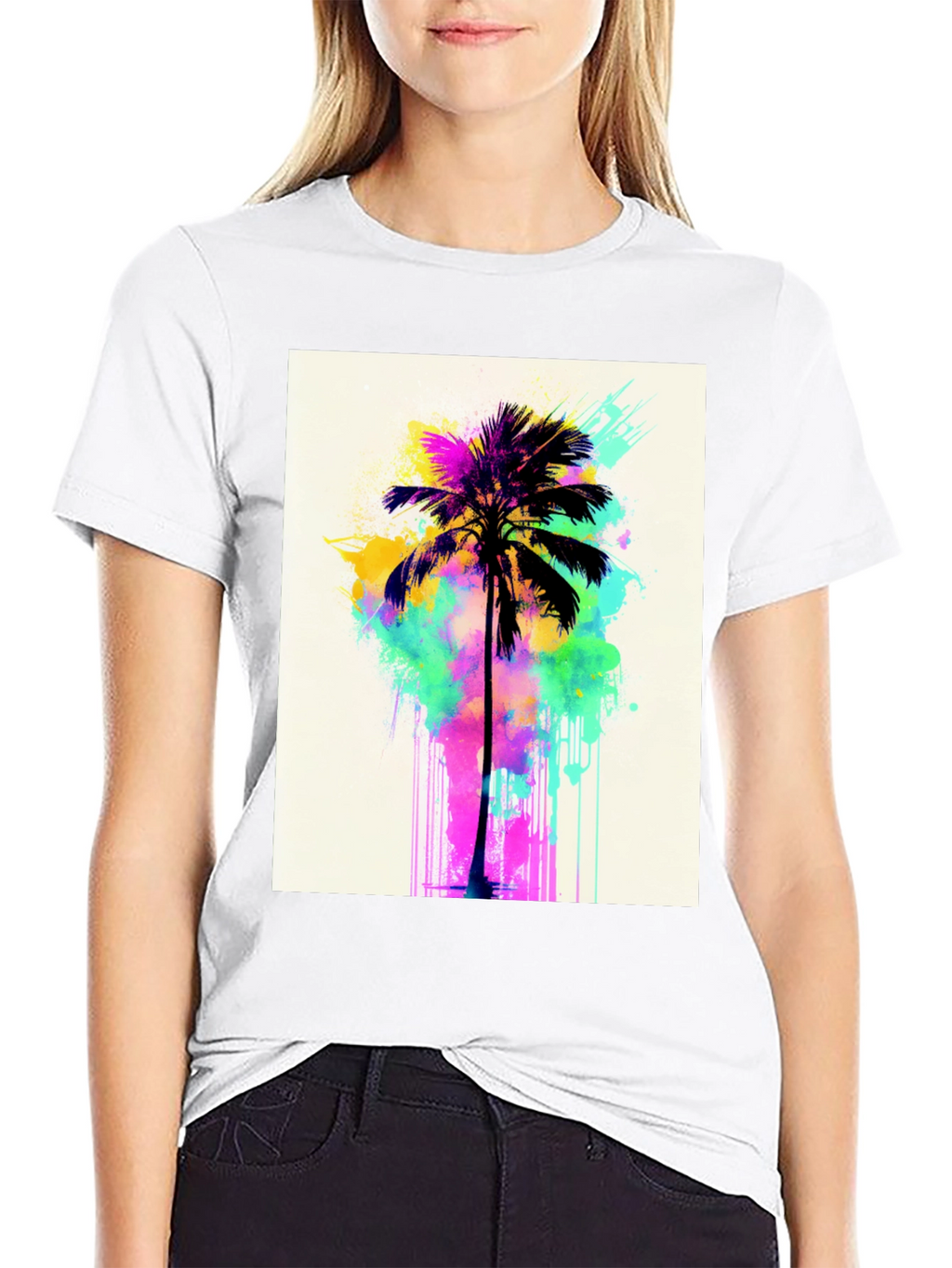 Vibrant Palm Tree Graphic Tee - Black Cotton T-Shirt