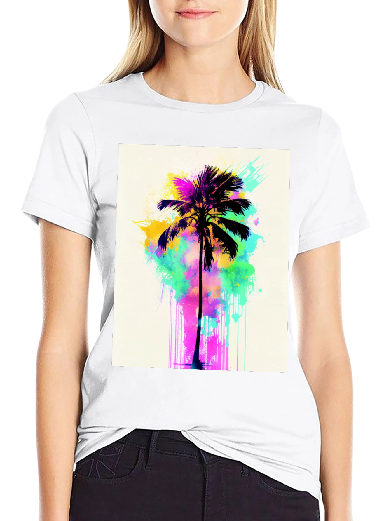 Vibrant Palm Tree Graphic Tee - Black Cotton T-Shirt