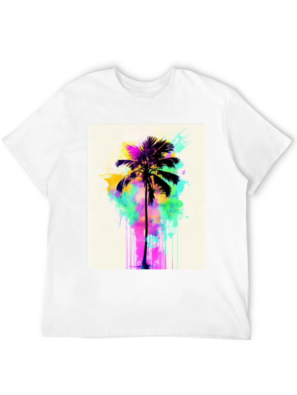 Vibrant Palm Tree Graphic Tee - Black Cotton T-Shirt
