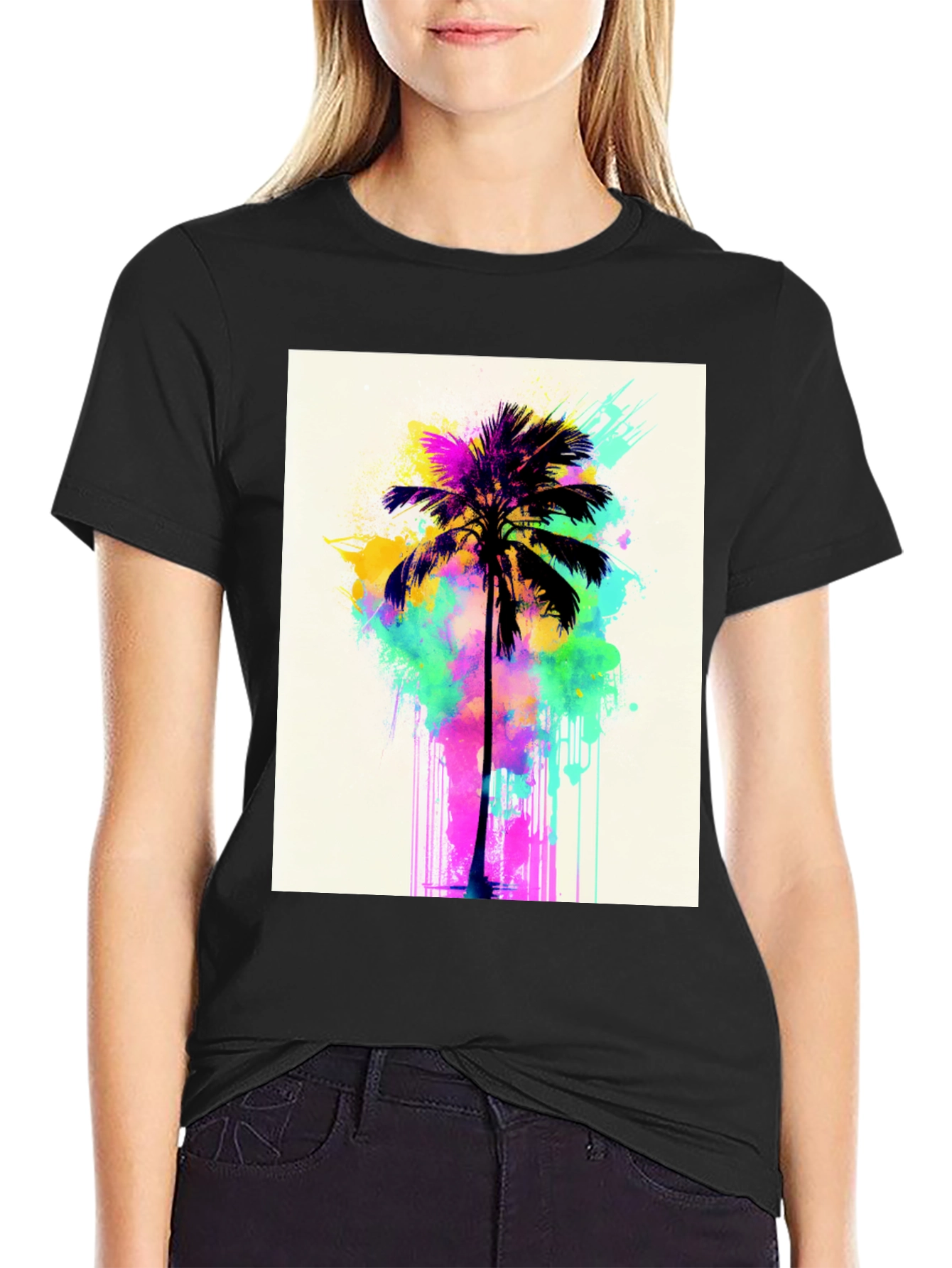 Vibrant Palm Tree Graphic Tee - Black Cotton T-Shirt