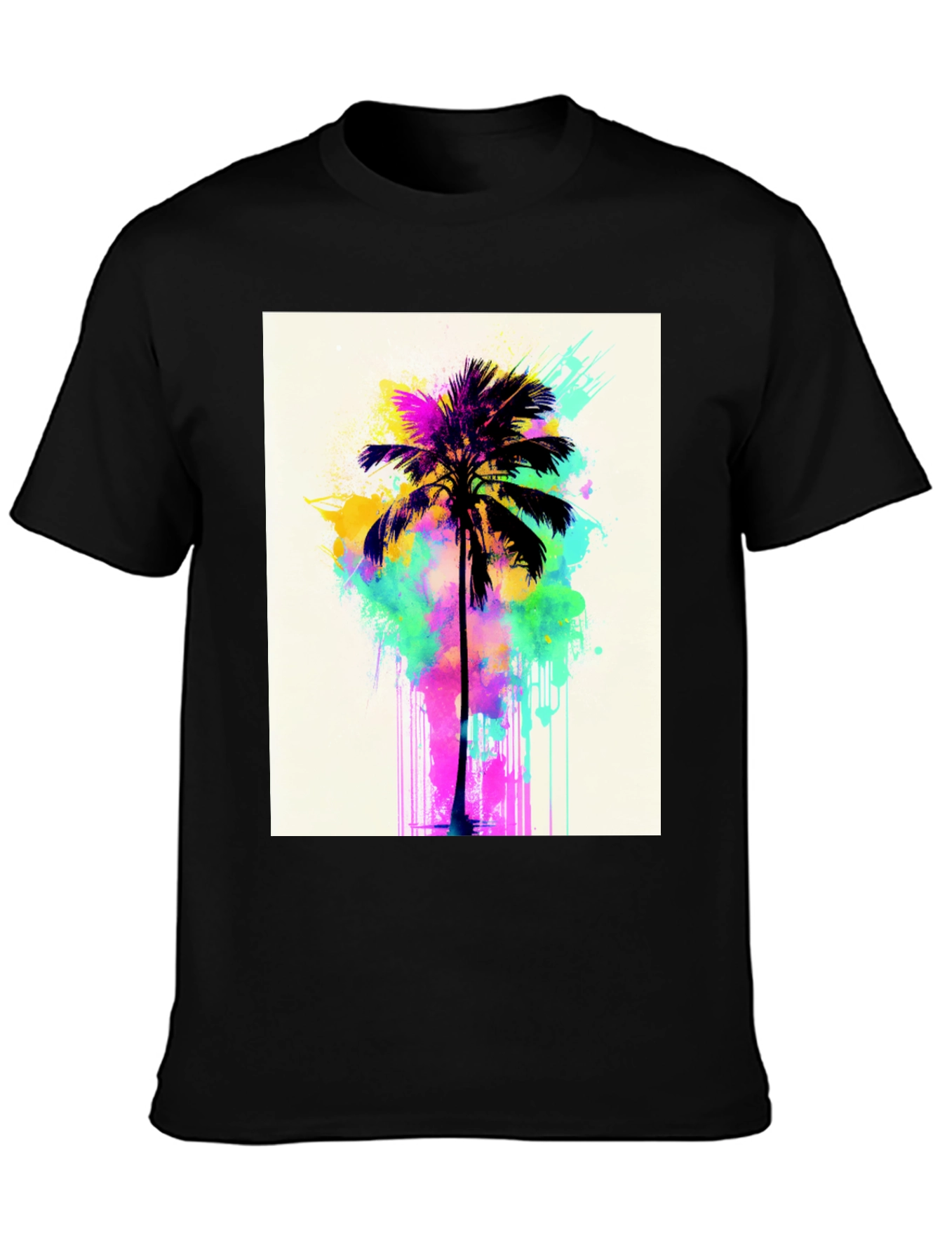 Vibrant Palm Tree Graphic Tee - Black Cotton T-Shirt