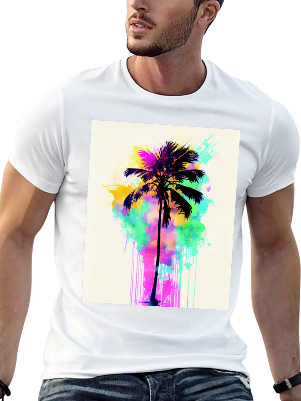 Vibrant Palm Tree Graphic Tee - Black Cotton T-Shirt