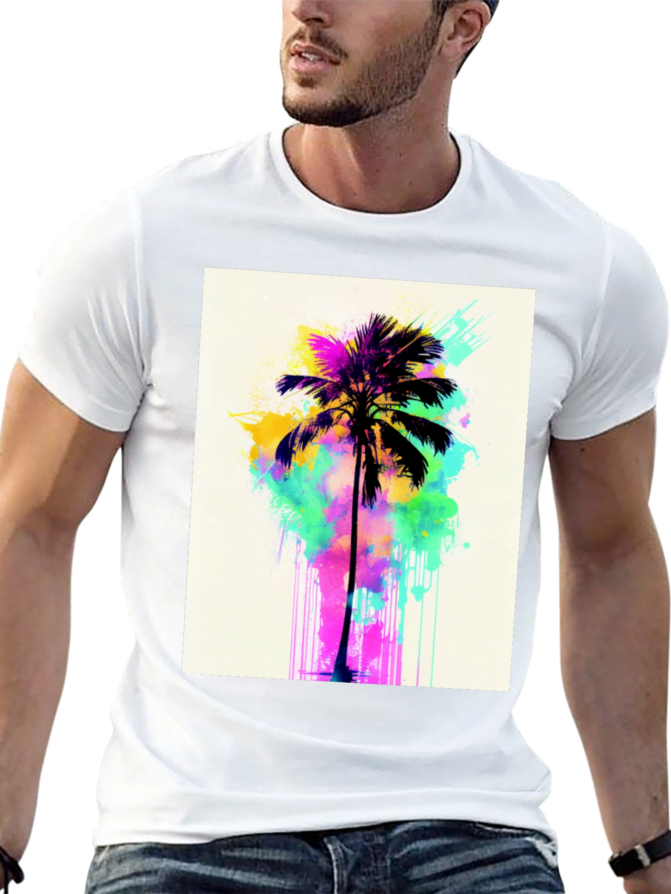 Vibrant Palm Tree Graphic Tee - Black Cotton T-Shirt