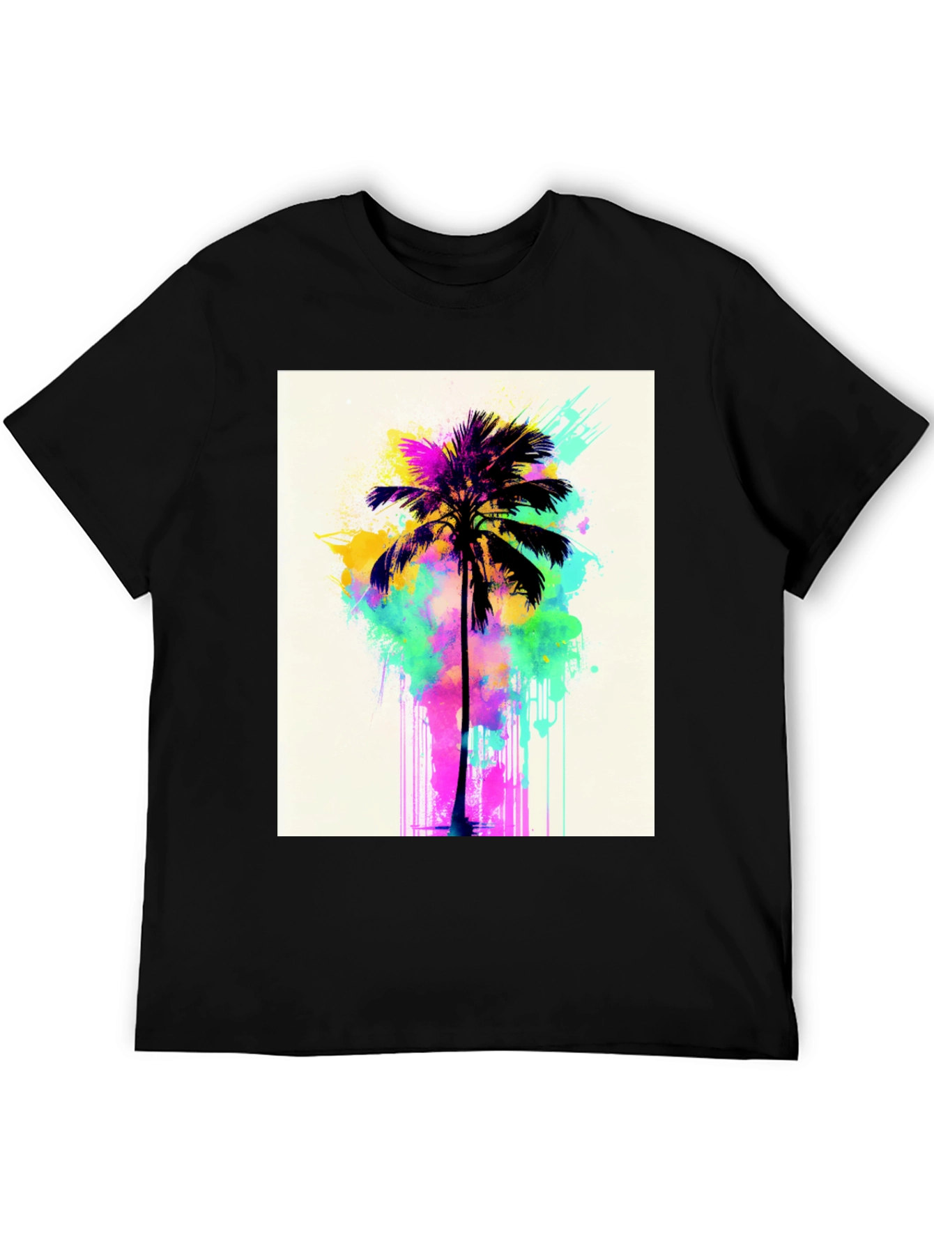 Vibrant Palm Tree Graphic Tee - Black Cotton T-Shirt