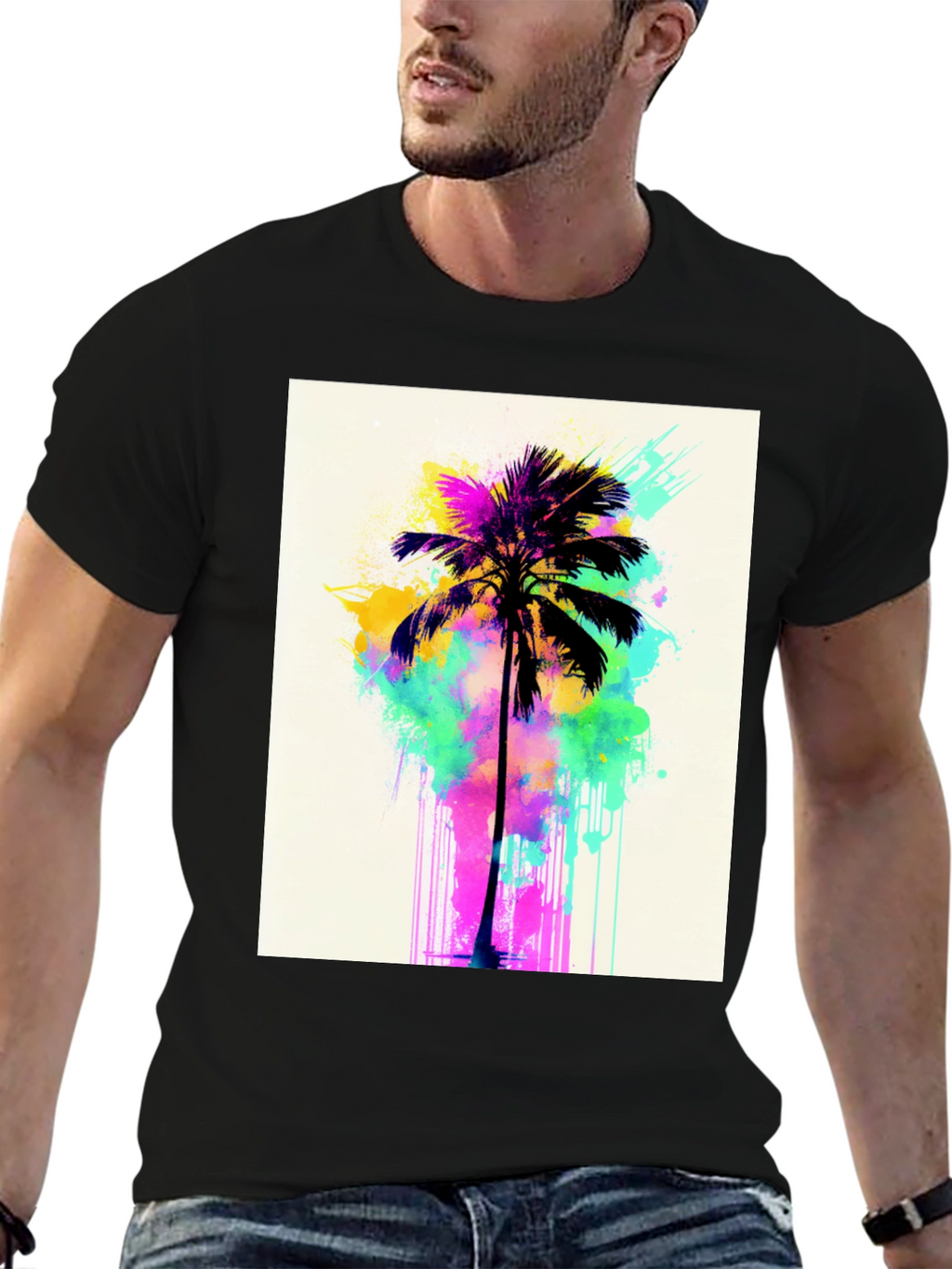 Vibrant Palm Tree Graphic Tee - Black Cotton T-Shirt