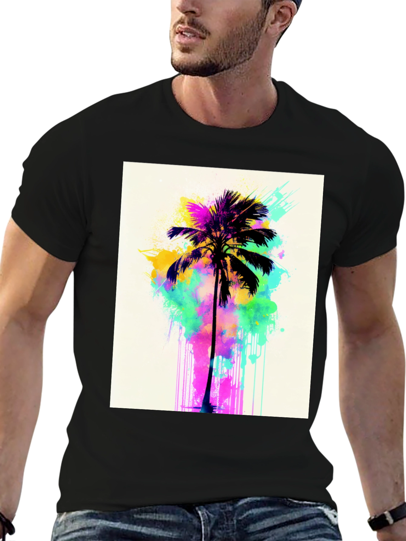 Vibrant Palm Tree Graphic Tee - Black Cotton T-Shirt