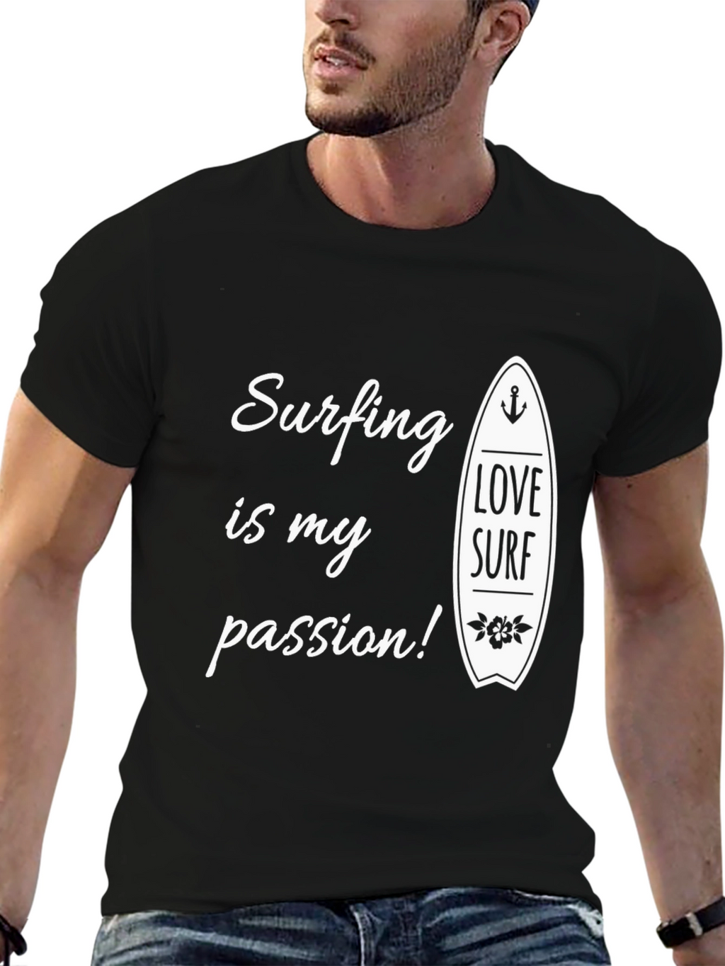 Surfing Is My Passion Black Graphic Tee