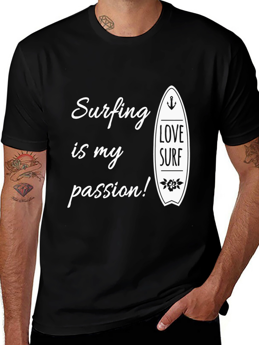 Surfing Is My Passion Black Graphic Tee
