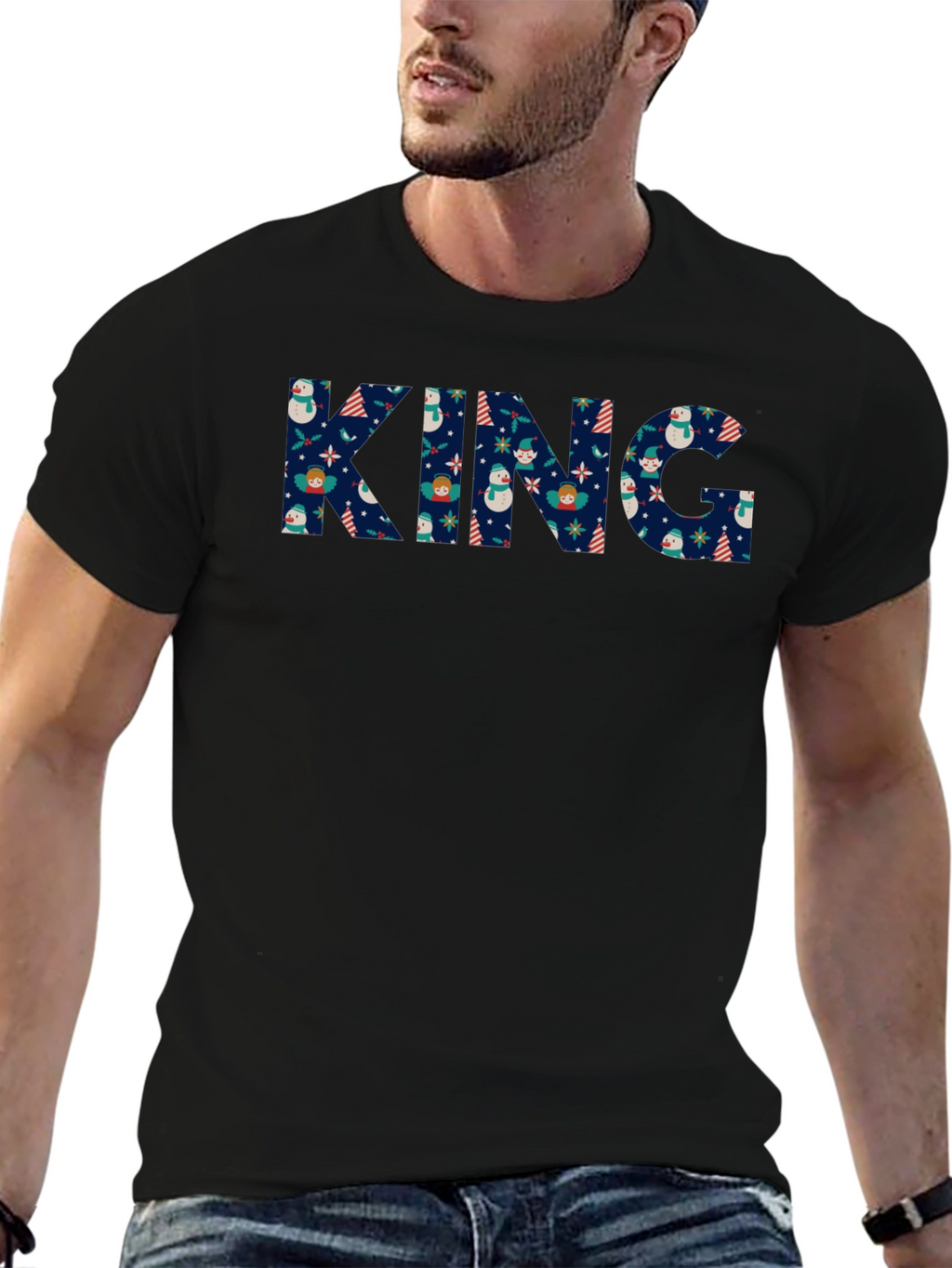 King Christmas Pattern Black T-Shirt