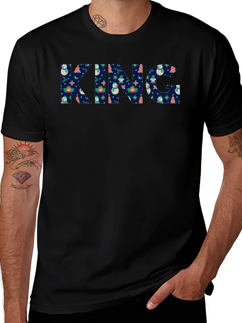 King Christmas Pattern Black T-Shirt