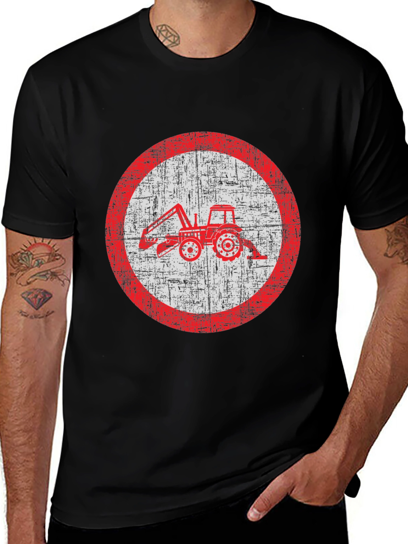 Distressed Tractor Graphic Tee - Black Cotton Blend