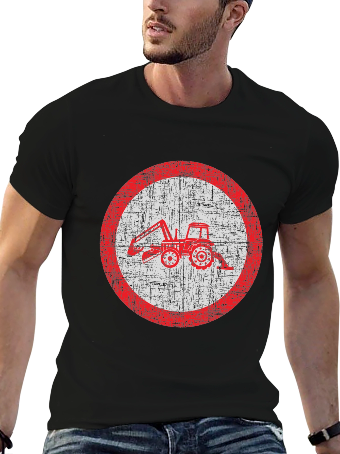 Distressed Tractor Graphic Tee - Black Cotton Blend