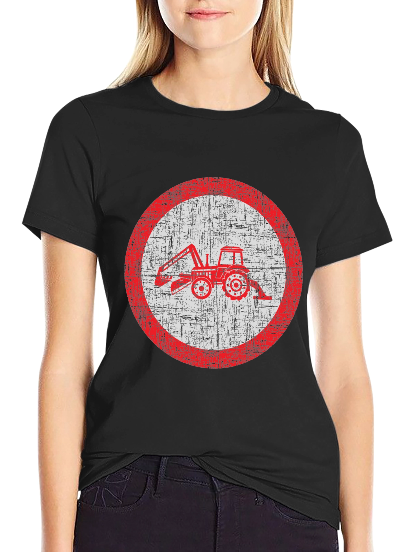 Distressed Tractor Graphic Tee - Black Cotton Blend