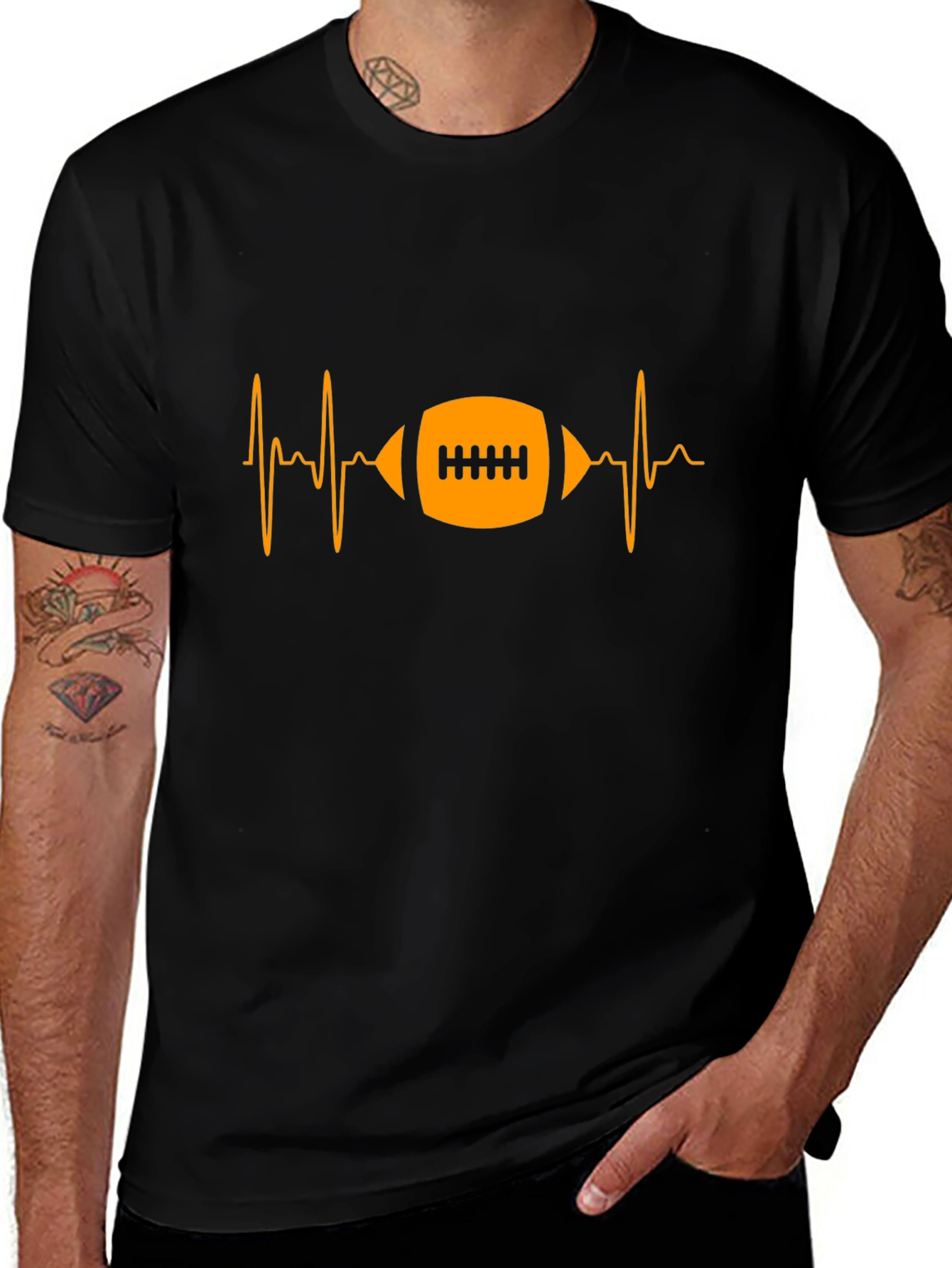 Football Heartbeat Graphic Tee - Black Cotton T-Shirt