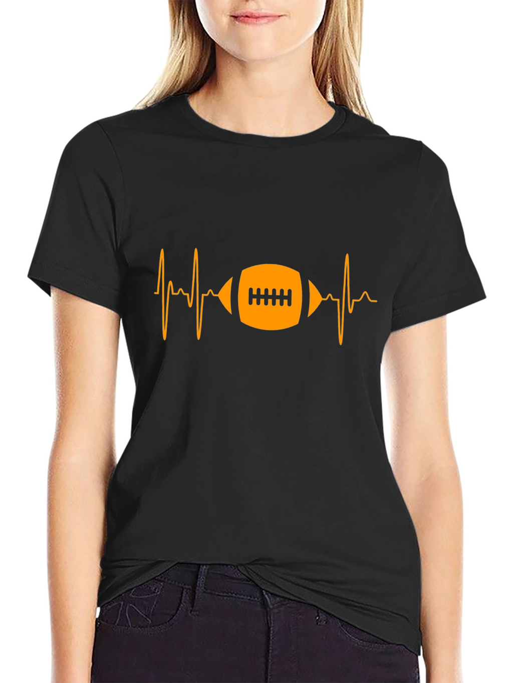 Football Heartbeat Graphic Tee - Black Cotton T-Shirt