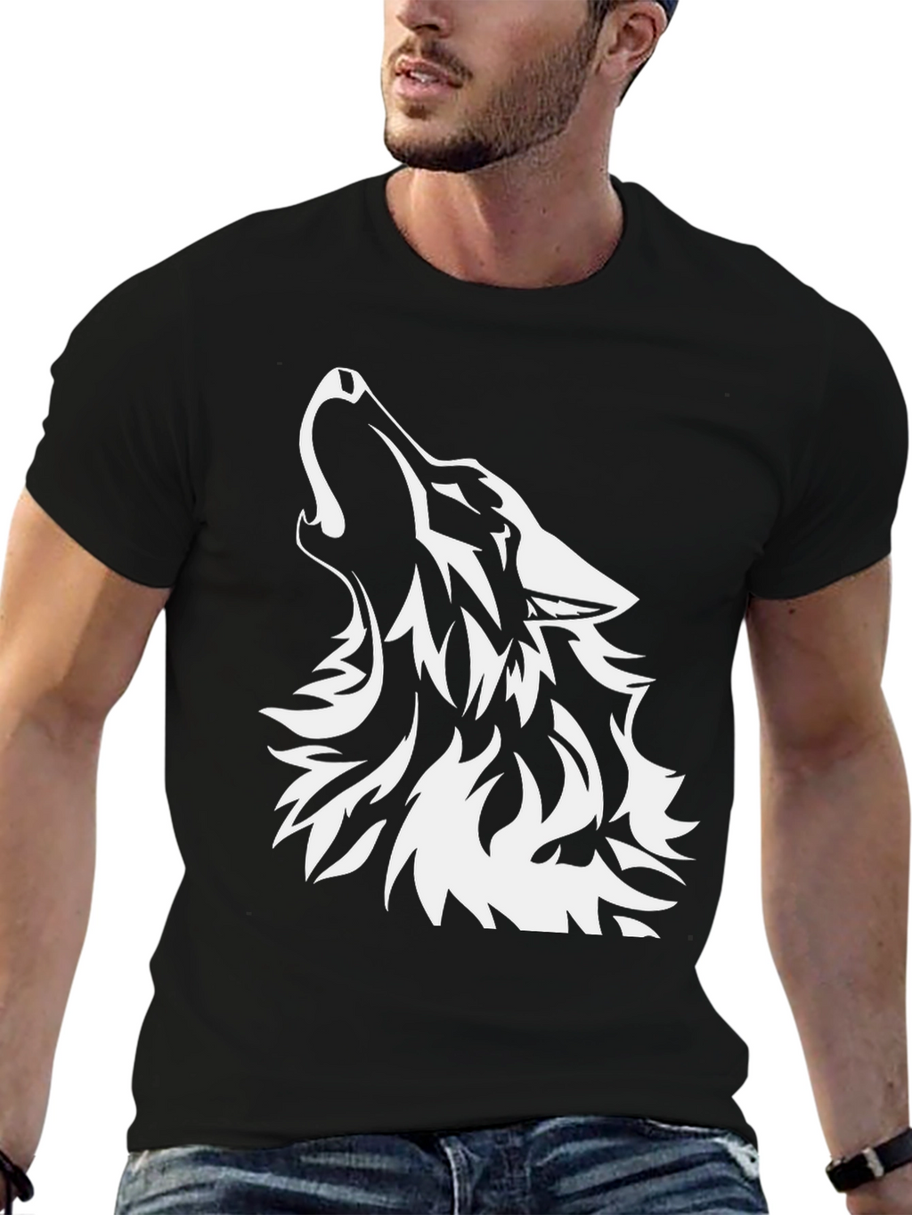 Black T-Shirt with Wolf Graphic