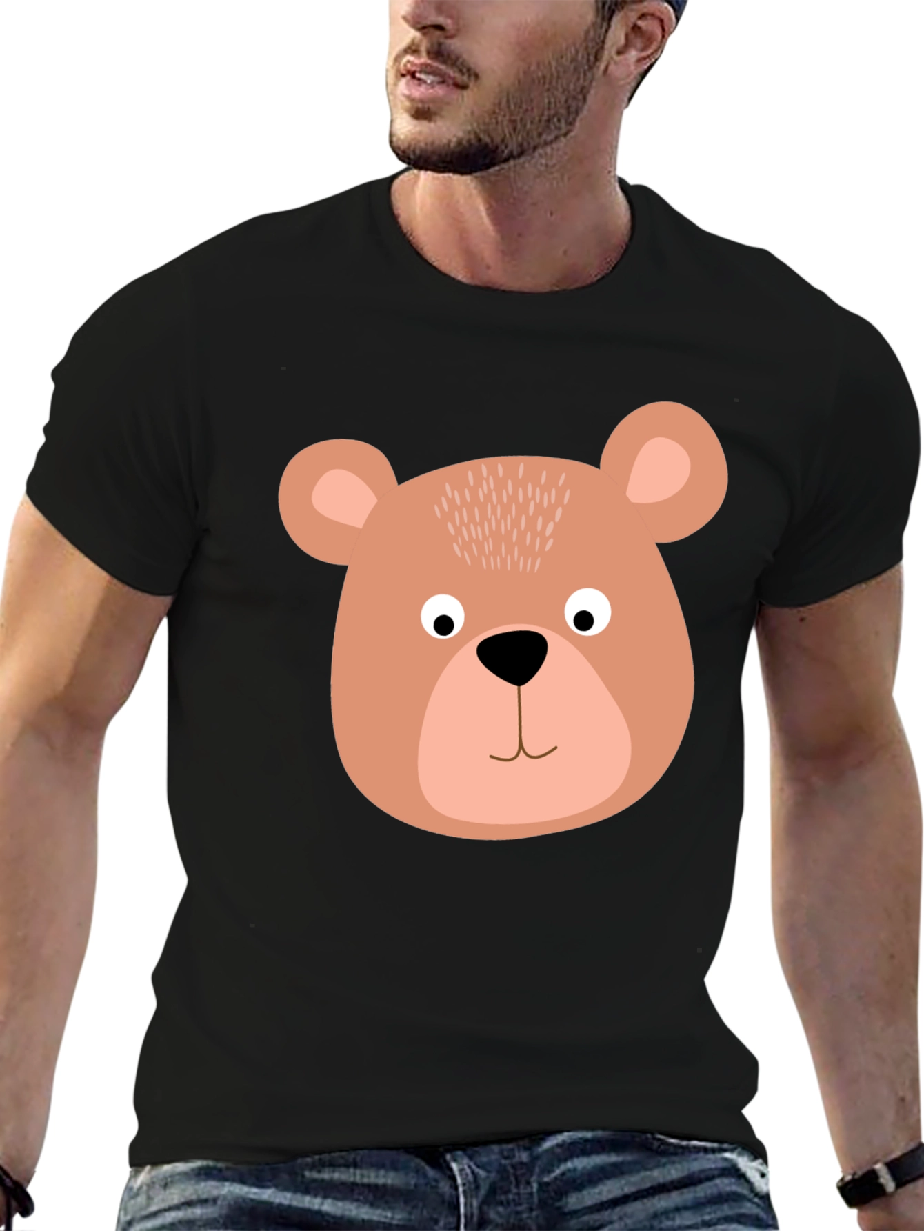 Cute Bear Face Graphic Tee - Black Cotton T-Shirt
