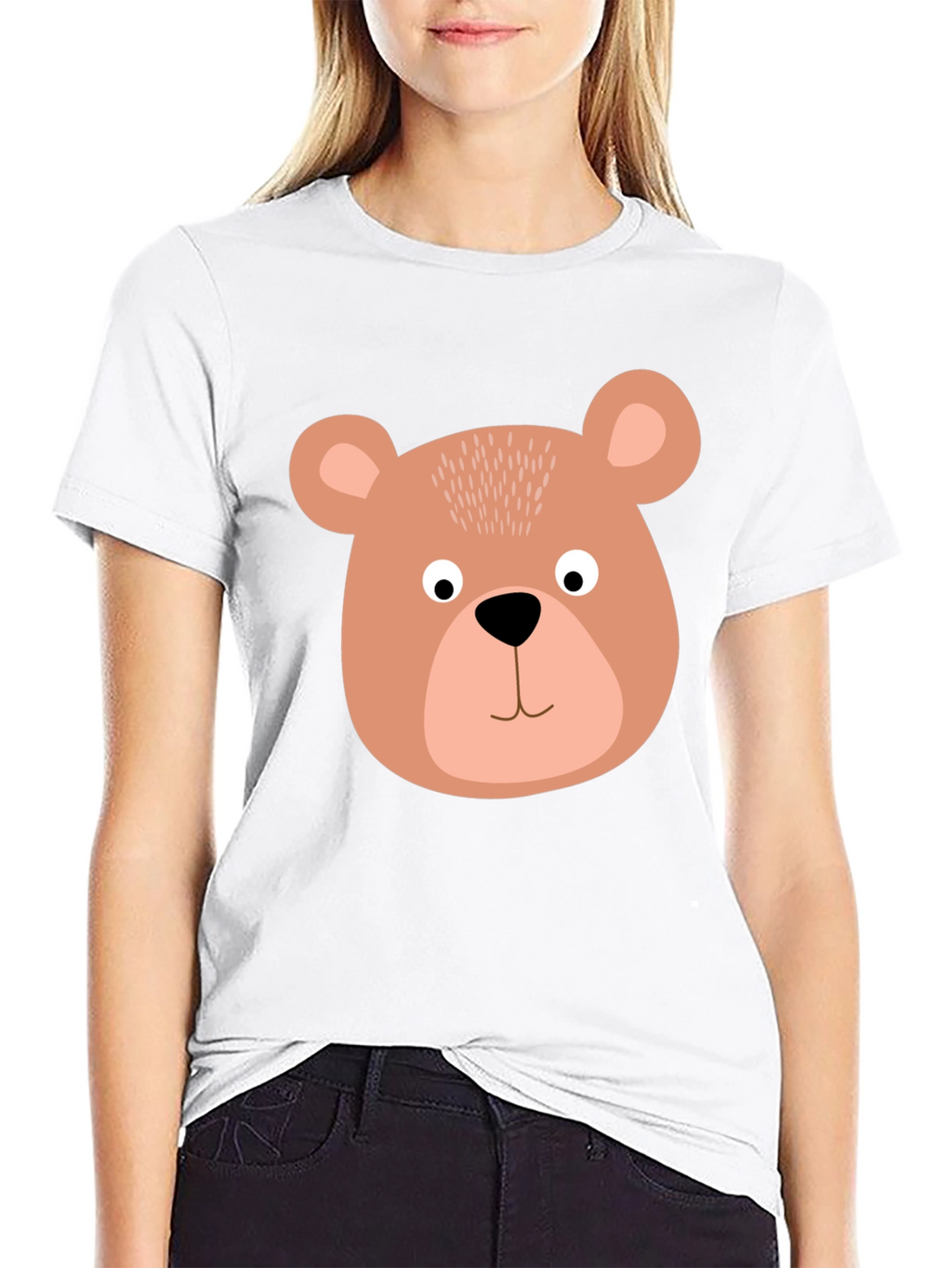 Cute Bear Face Graphic Tee - Black Cotton T-Shirt