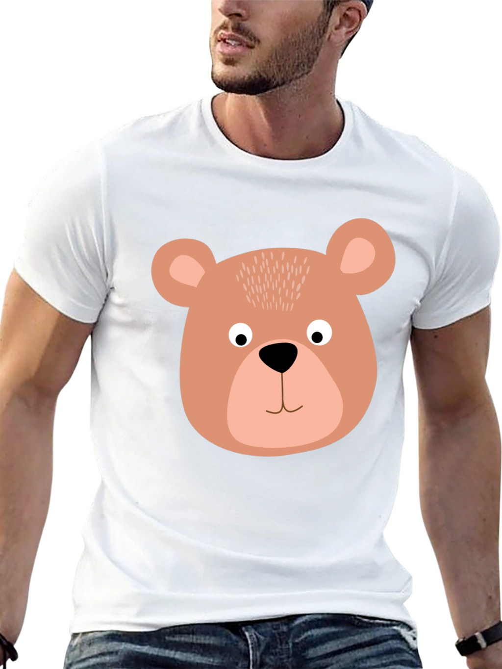 Cute Bear Face Graphic Tee - Black Cotton T-Shirt