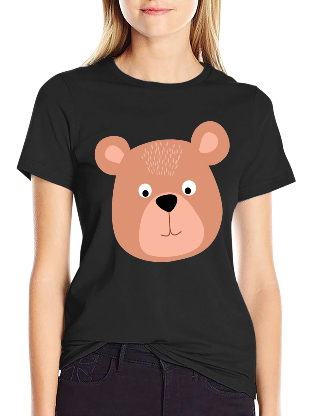 Cute Bear Face Graphic Tee - Black Cotton T-Shirt
