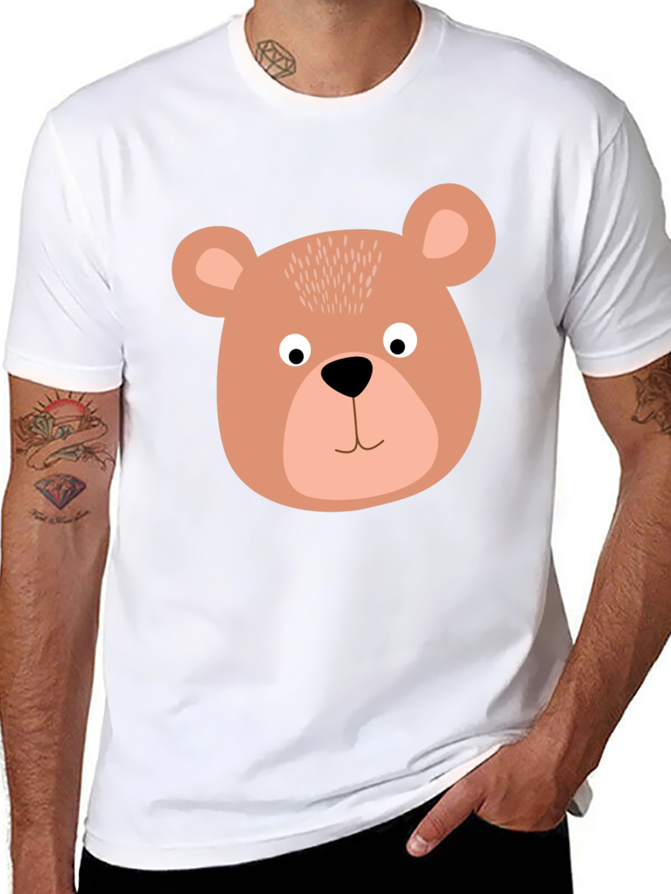 Cute Bear Face Graphic Tee - Black Cotton T-Shirt