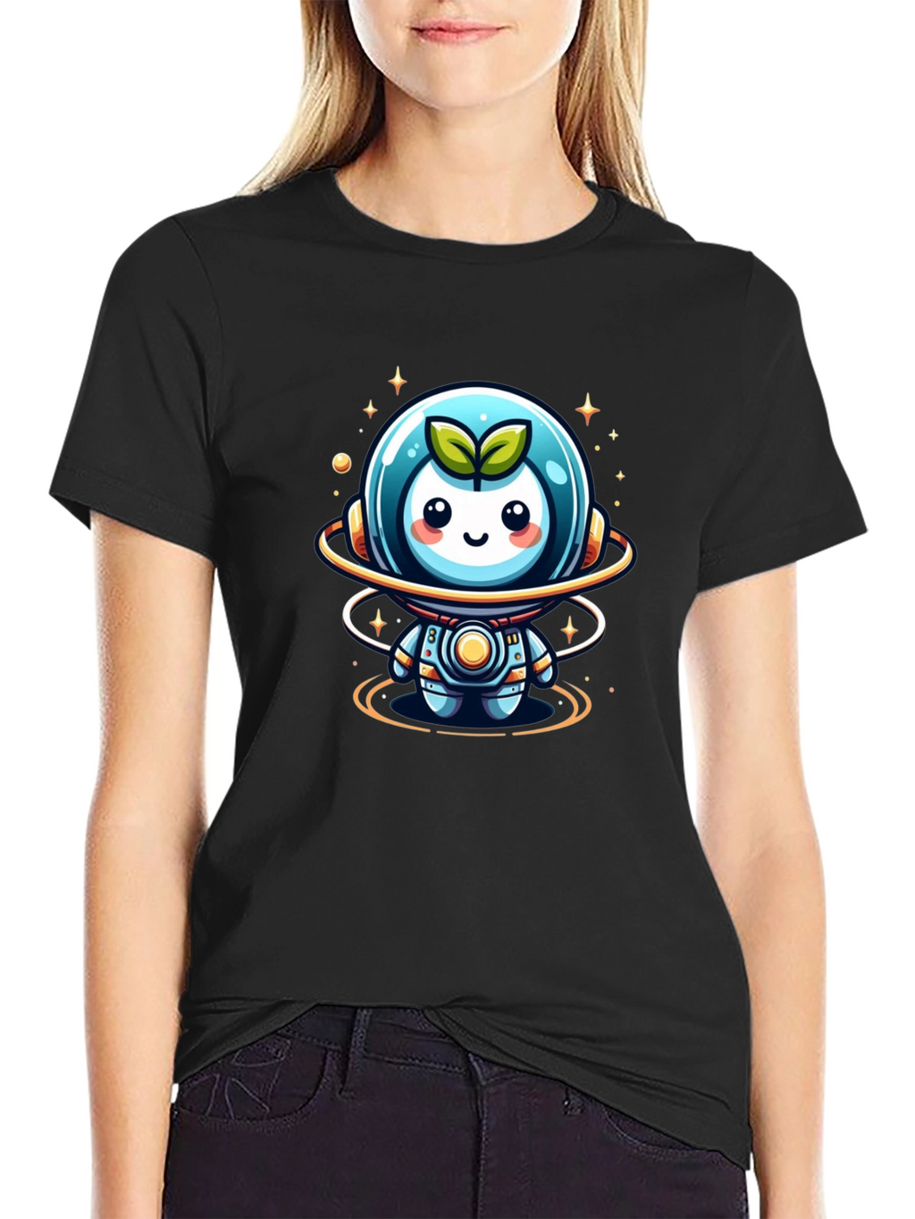 Cute Sprout Astronaut Graphic Tee - Black Cotton Blend