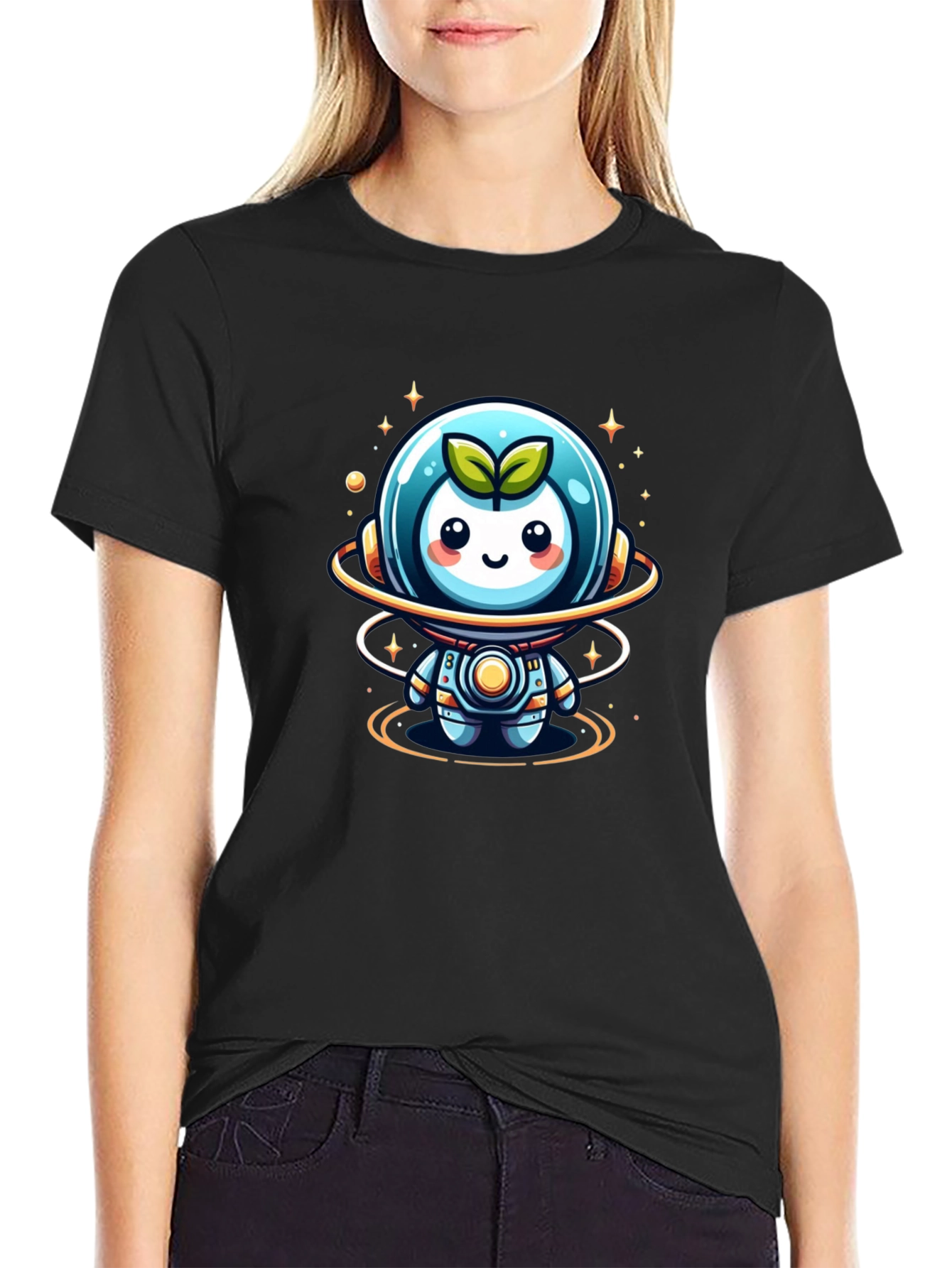 Cute Sprout Astronaut Graphic Tee - Black Cotton Blend