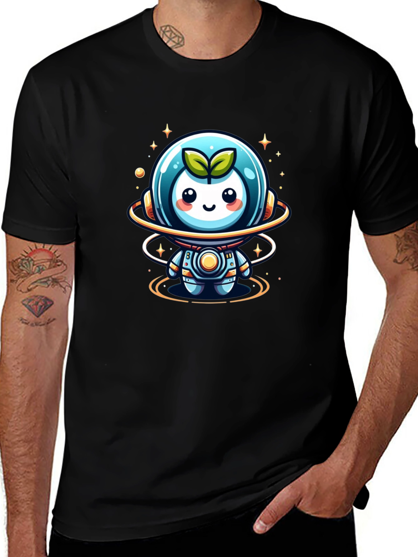 Cute Sprout Astronaut Graphic Tee - Black Cotton Blend