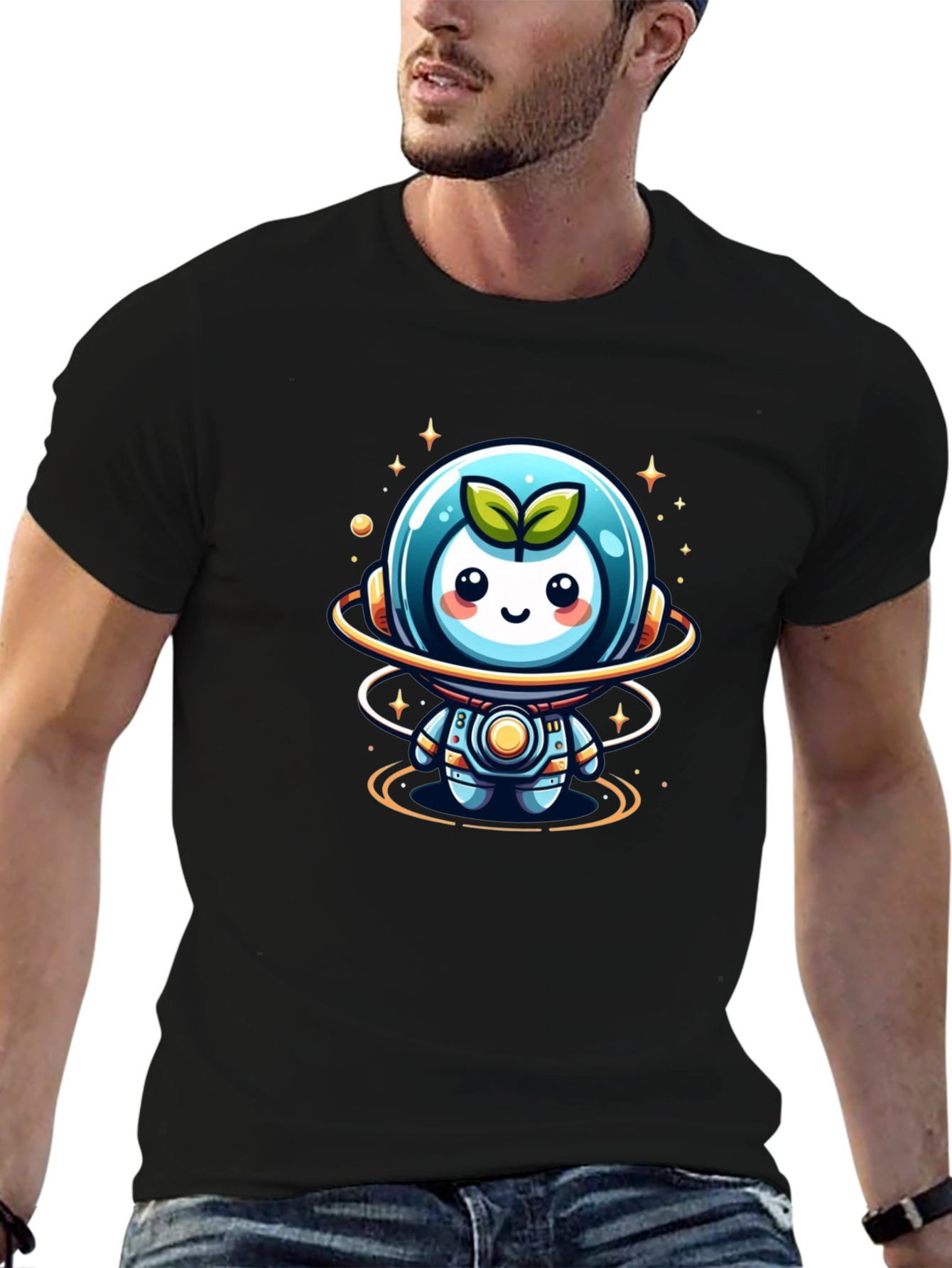 Cute Sprout Astronaut Graphic Tee - Black Cotton Blend