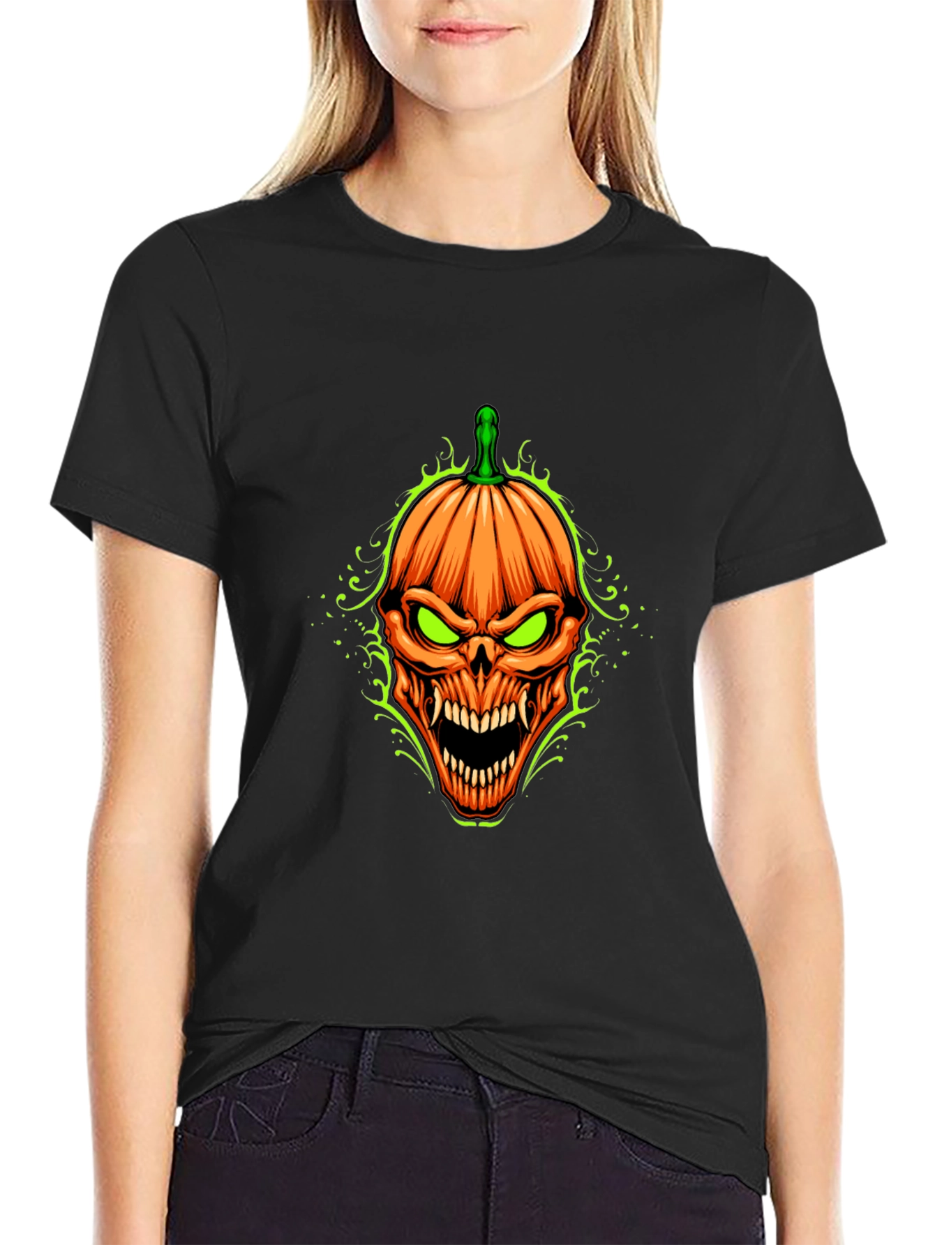 Halloween Pumpkin Skull Graphic T-Shirt
