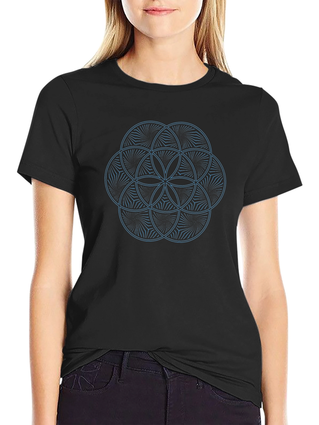 Geometric Flower of Life Graphic Tee - Black