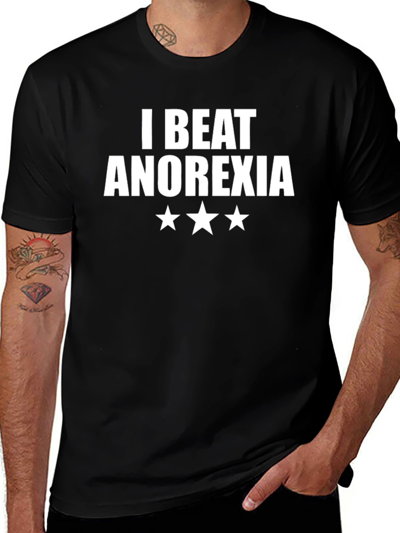 I Beat Anorexia T-Shirt Black Crew Neck Graphic Tee