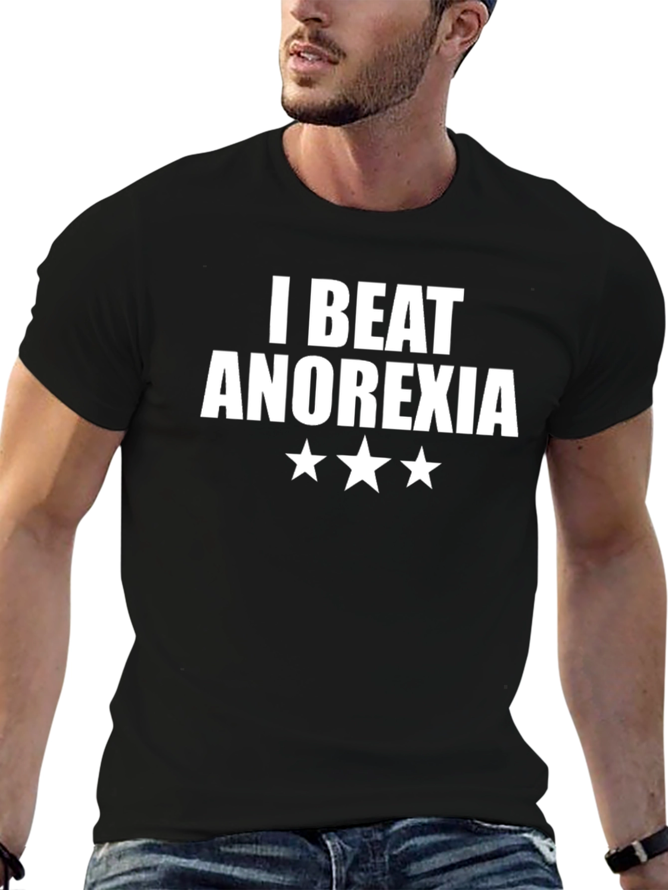 I Beat Anorexia T-Shirt Black Crew Neck Graphic Tee