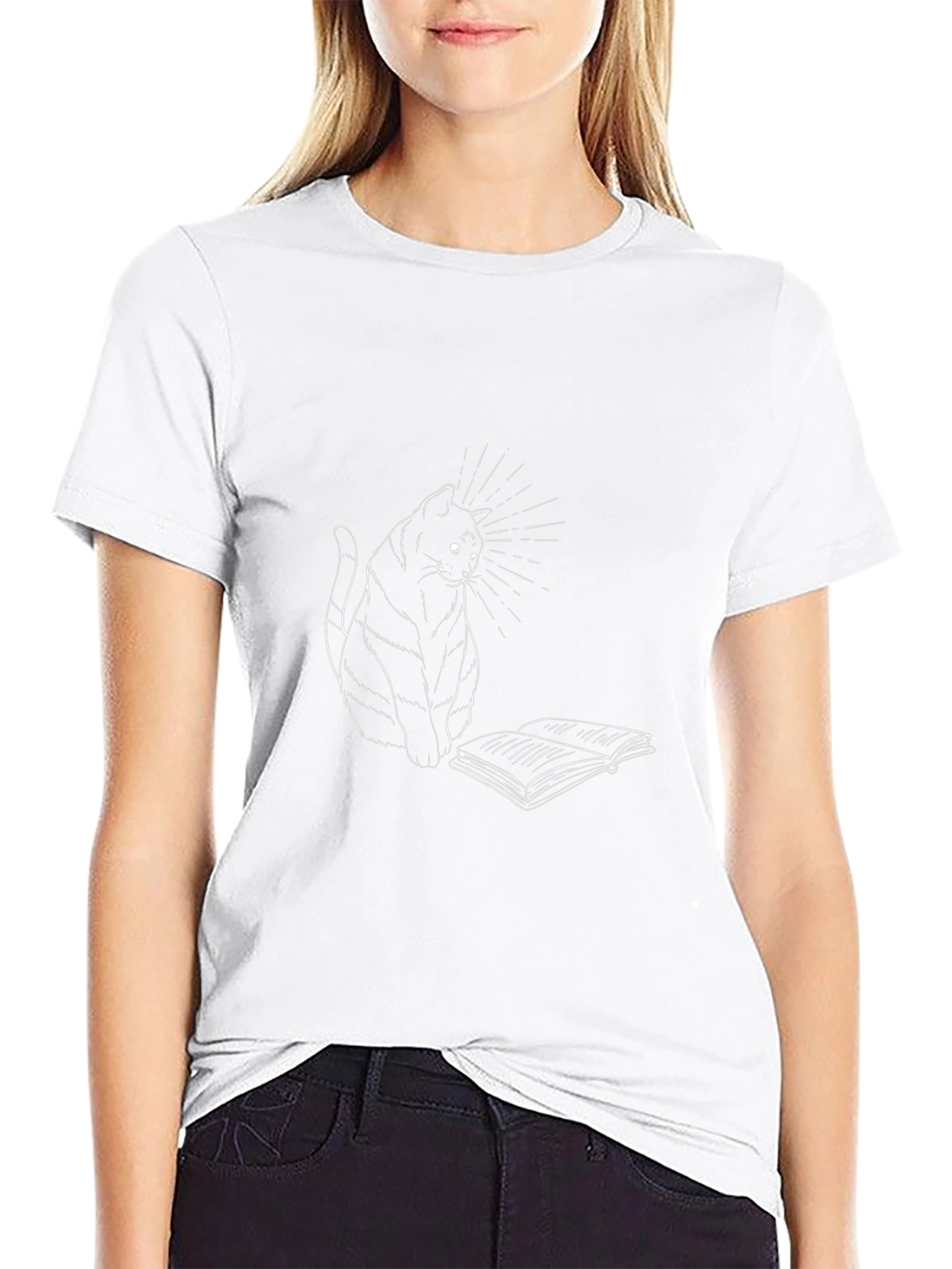 Cat Reading Book Graphic Tee - Black
