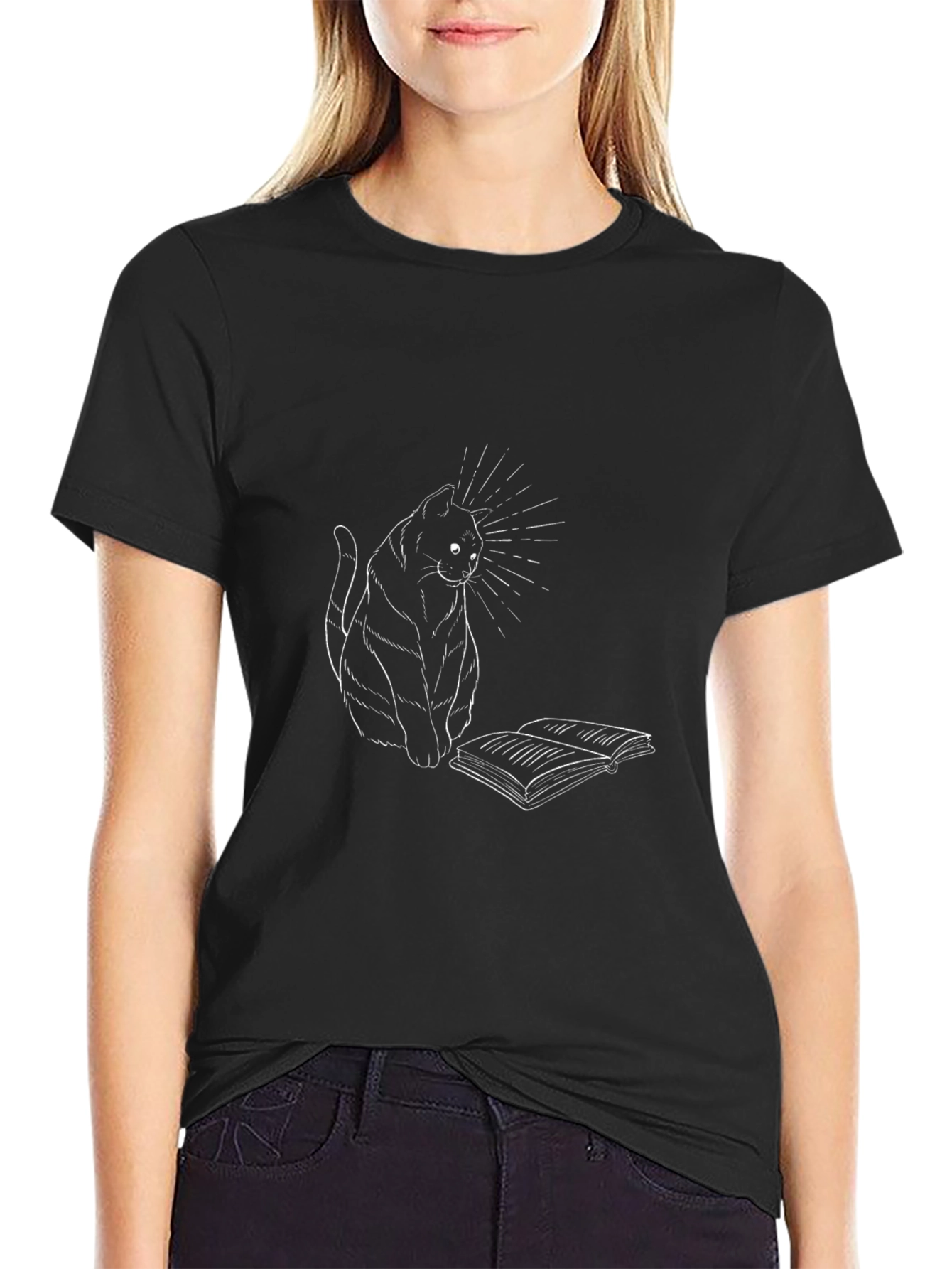 Cat Reading Book Graphic Tee - Black