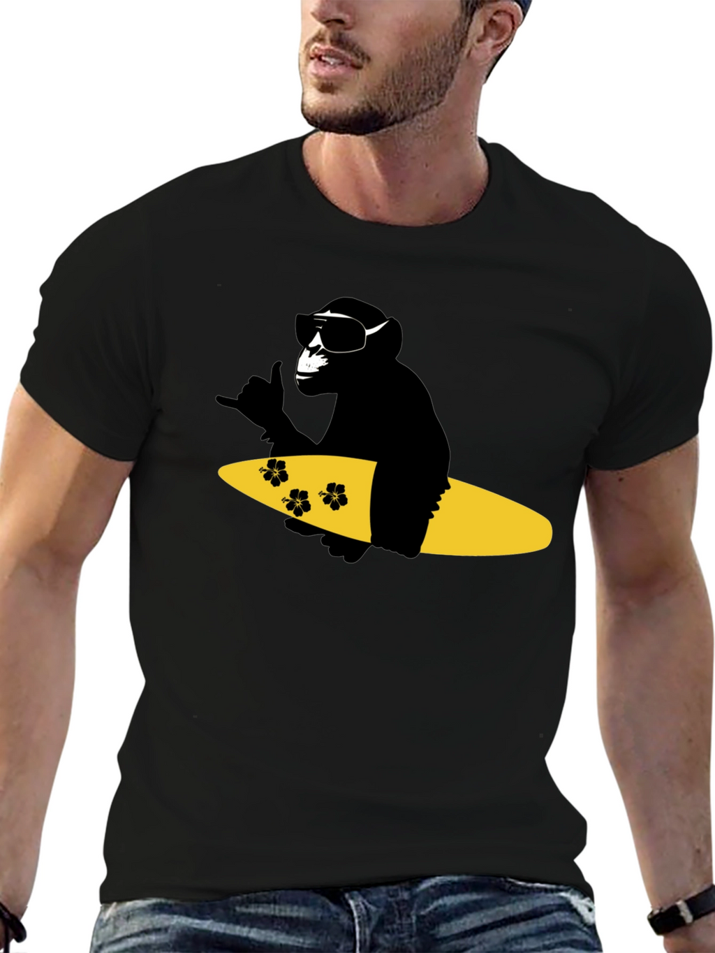Surfing Monkey Graphic Tee - Black Cotton T-Shirt