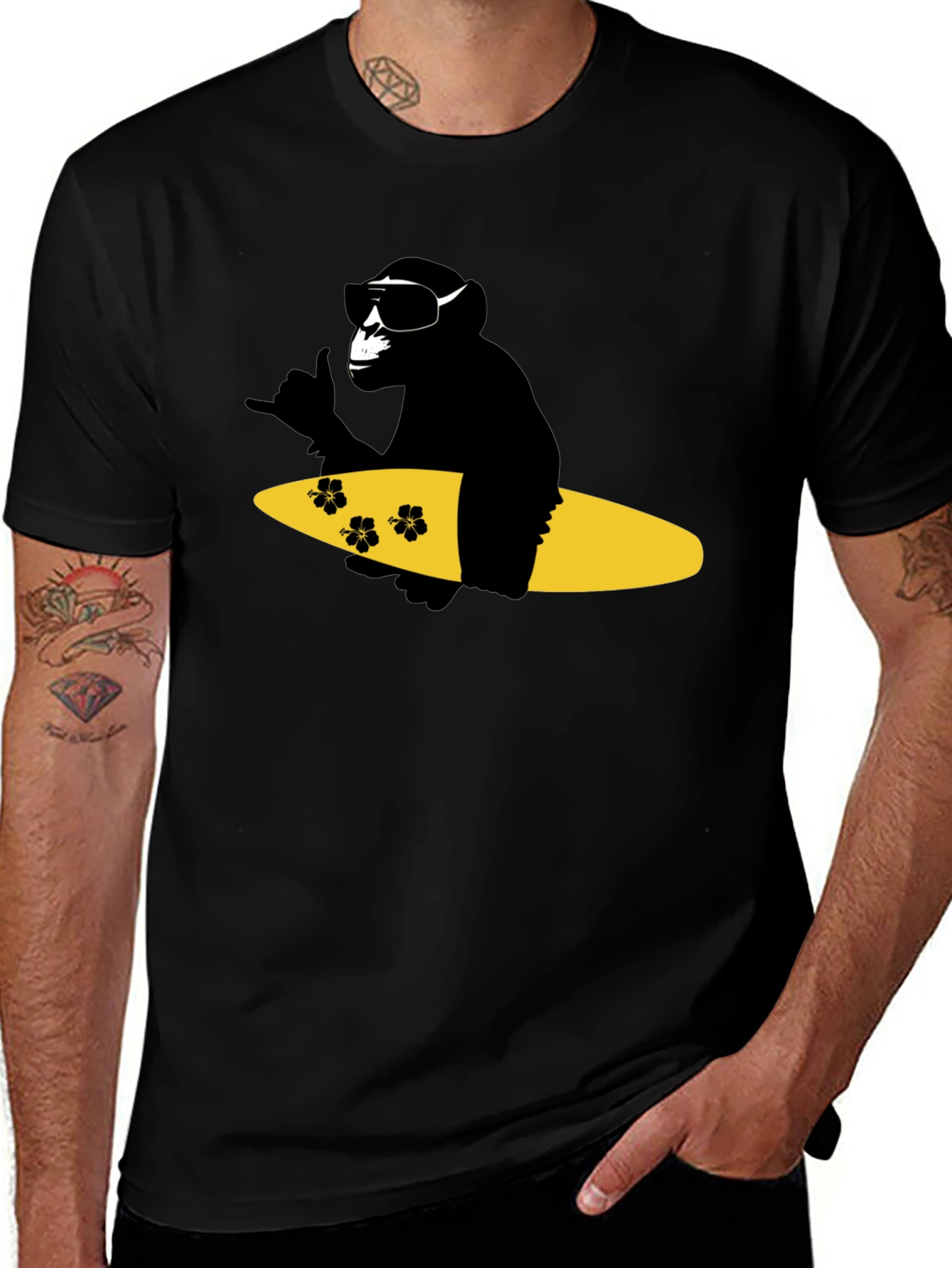 Surfing Monkey Graphic Tee - Black Cotton T-Shirt