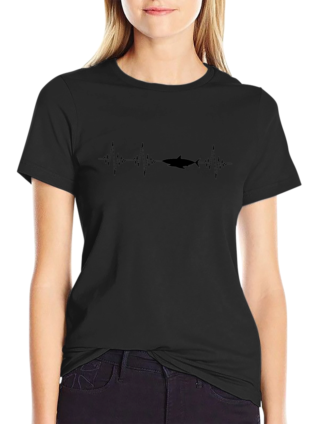 Shark Heartbeat Graphic Tee - Black Cotton T-Shirt