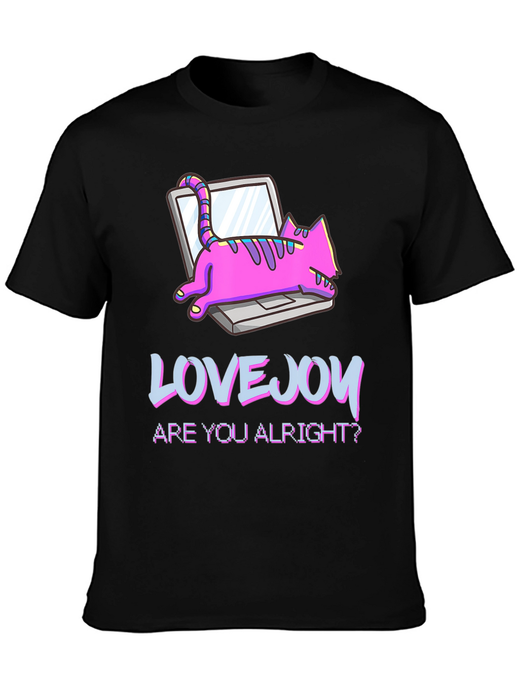 Lovejoy Cat on Laptop Black Graphic Tee