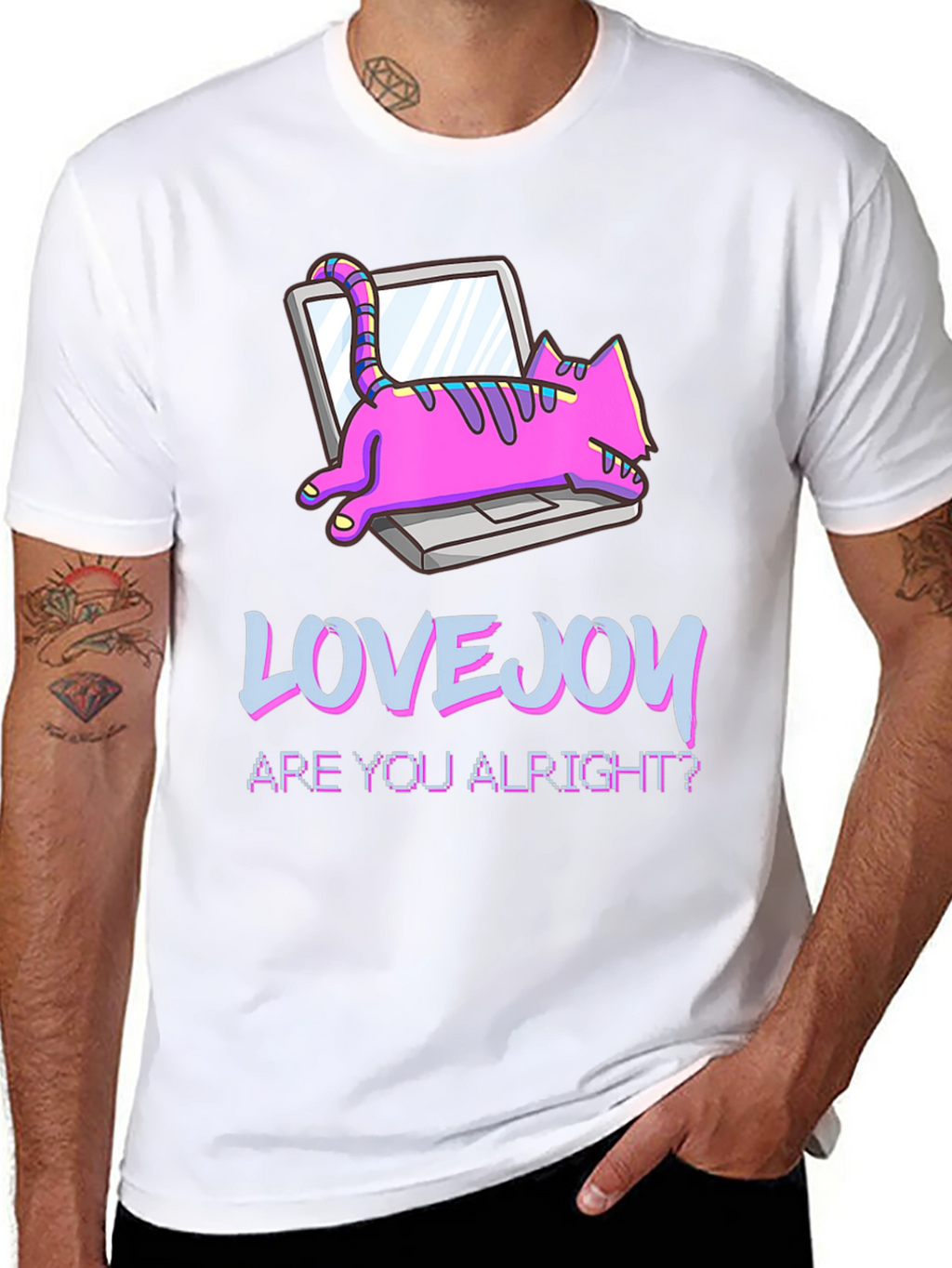 Lovejoy Cat on Laptop Black Graphic Tee