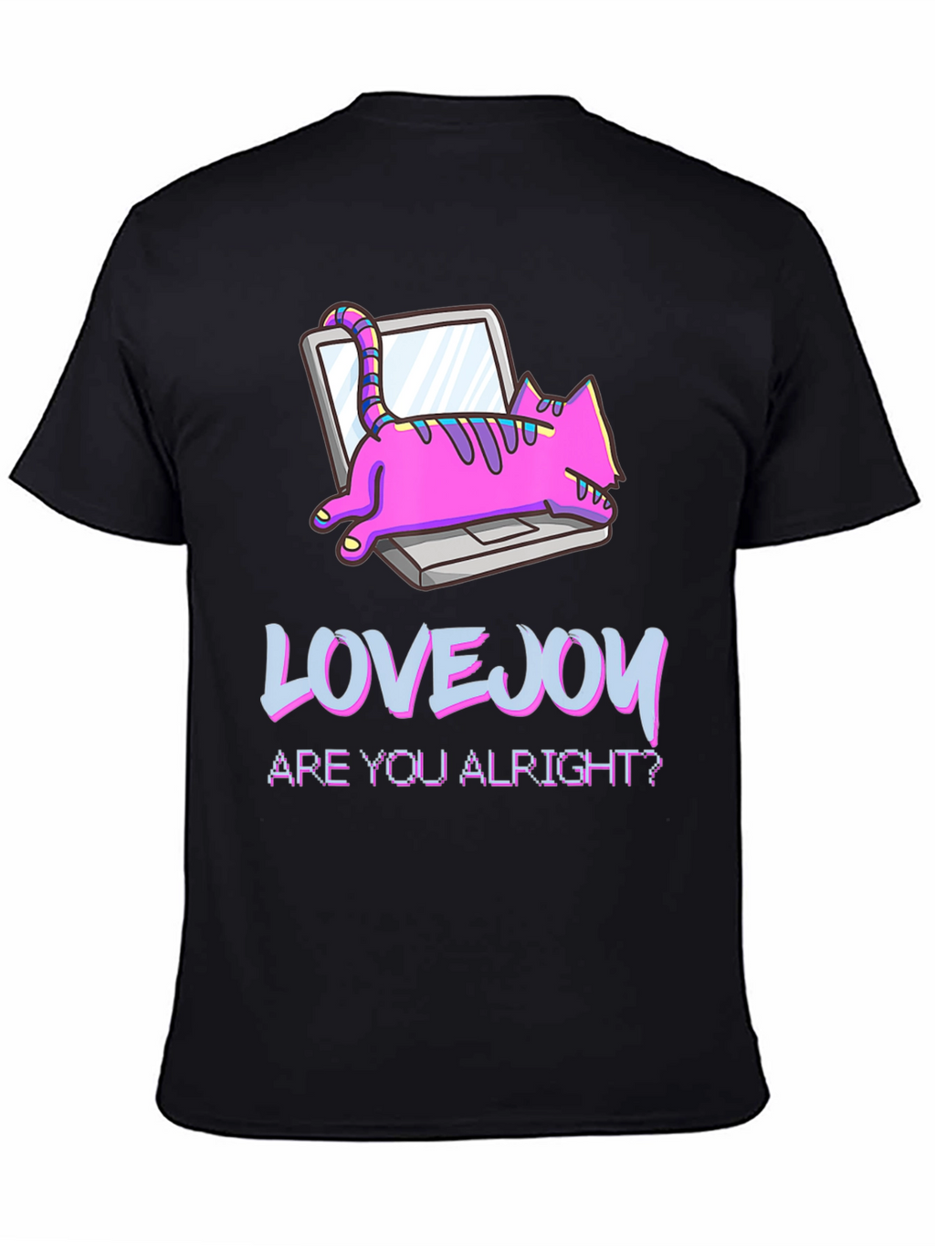 Lovejoy Cat on Laptop Black Graphic Tee