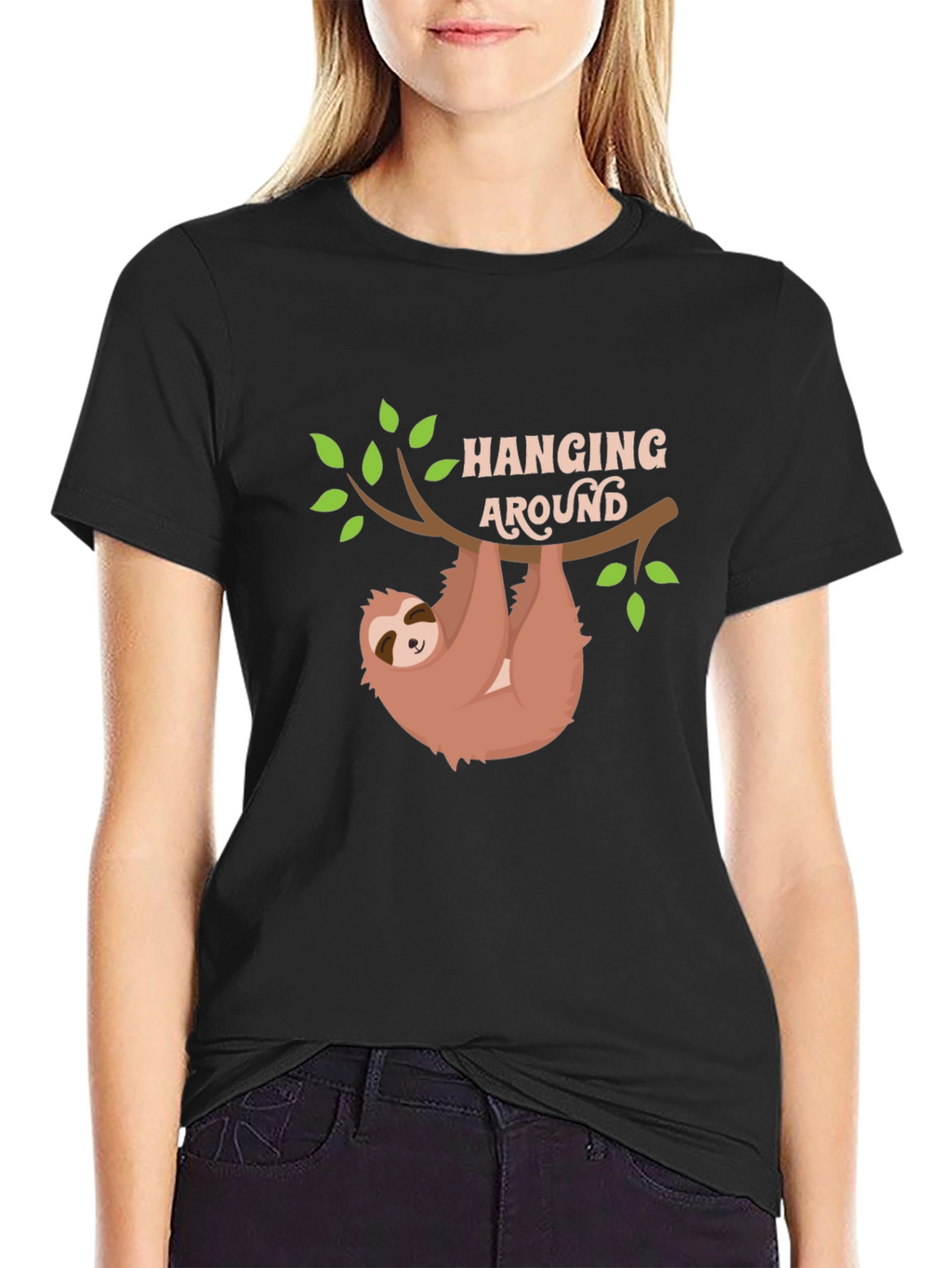 Hanging Around Sloth Graphic Tee - Black