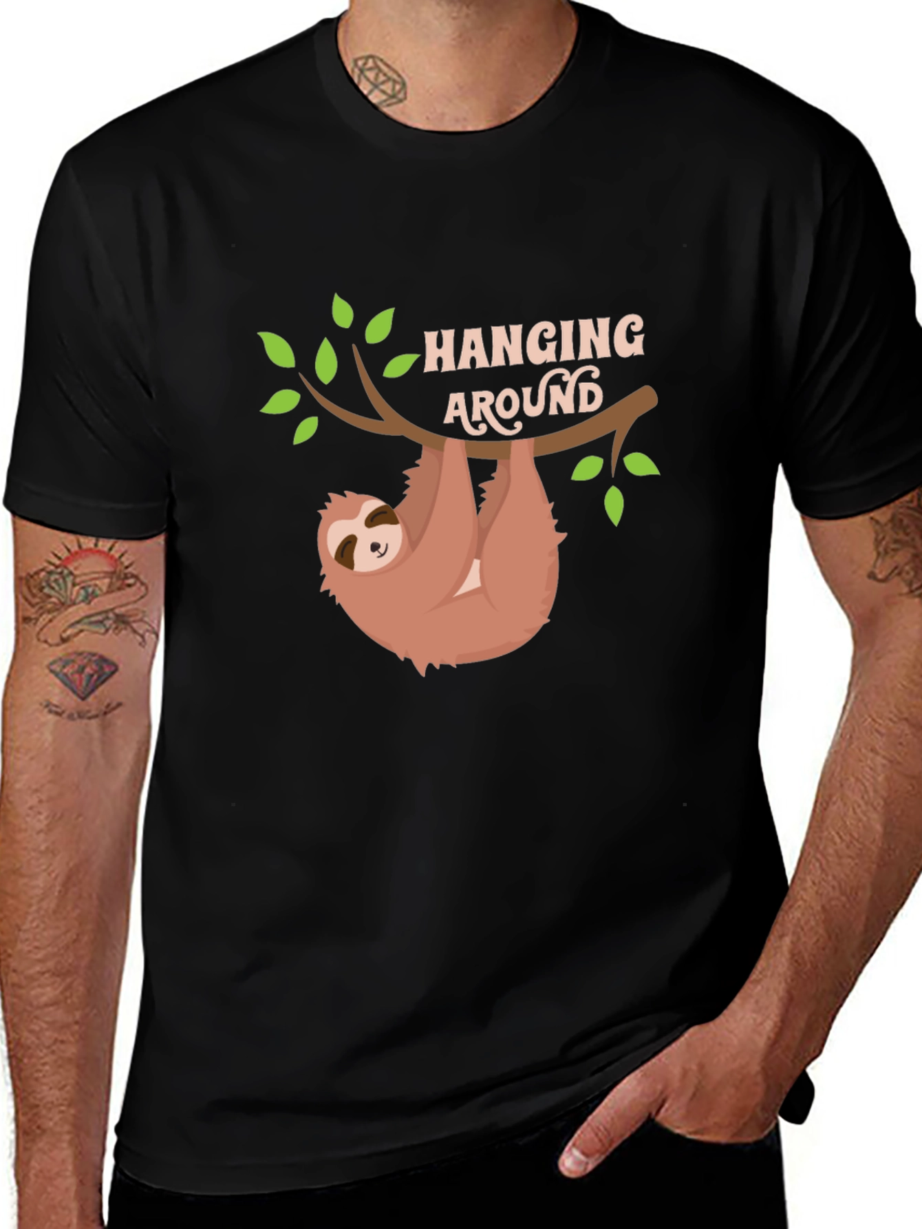 Hanging Around Sloth Graphic Tee - Black