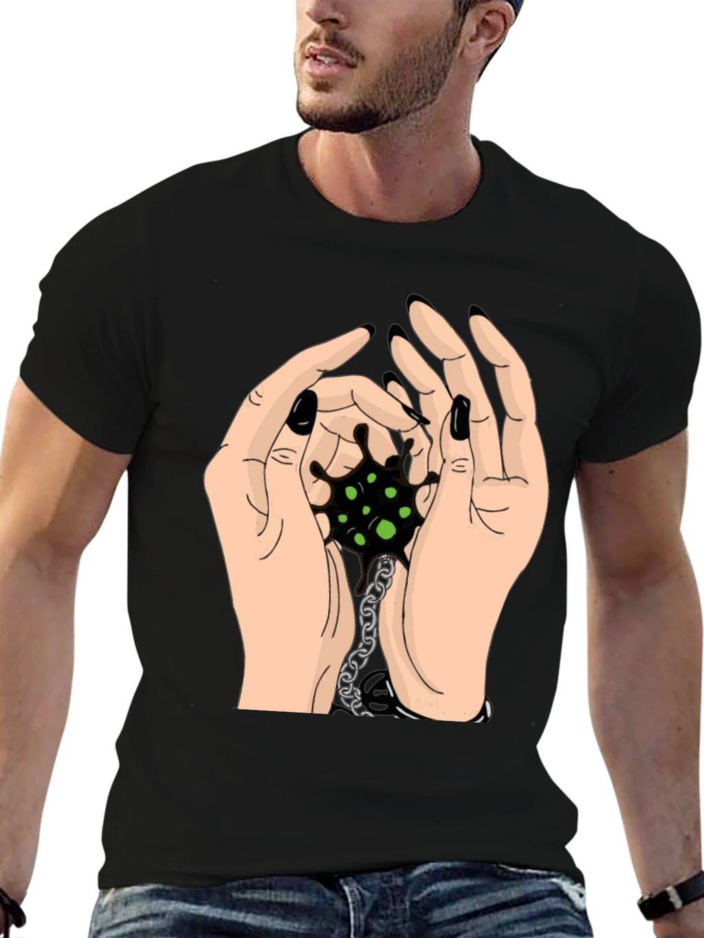 Hands Holding Chain Graphic Tee - Black Cotton