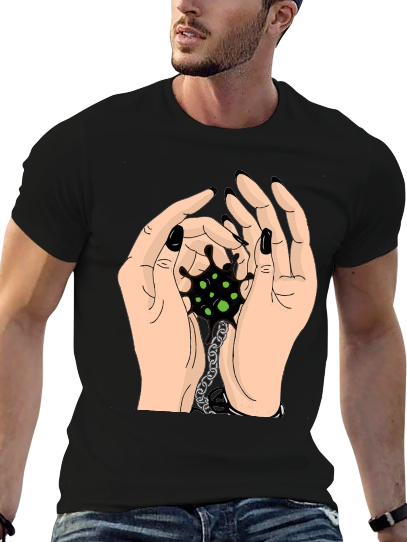 Hands Holding Chain Graphic Tee - Black Cotton