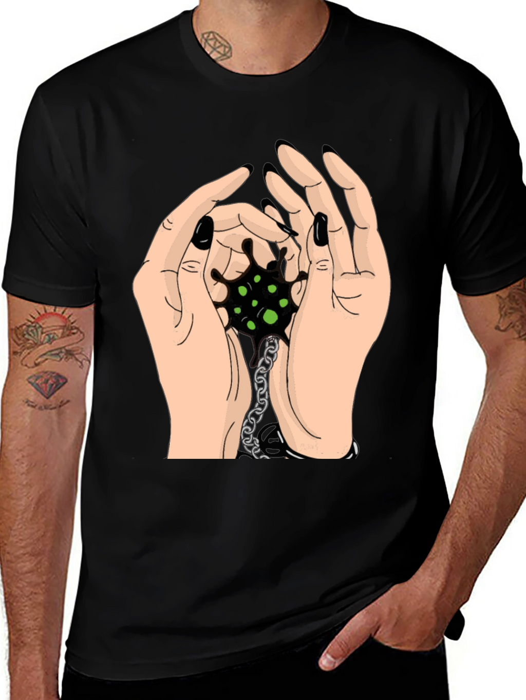 Hands Holding Chain Graphic Tee - Black Cotton