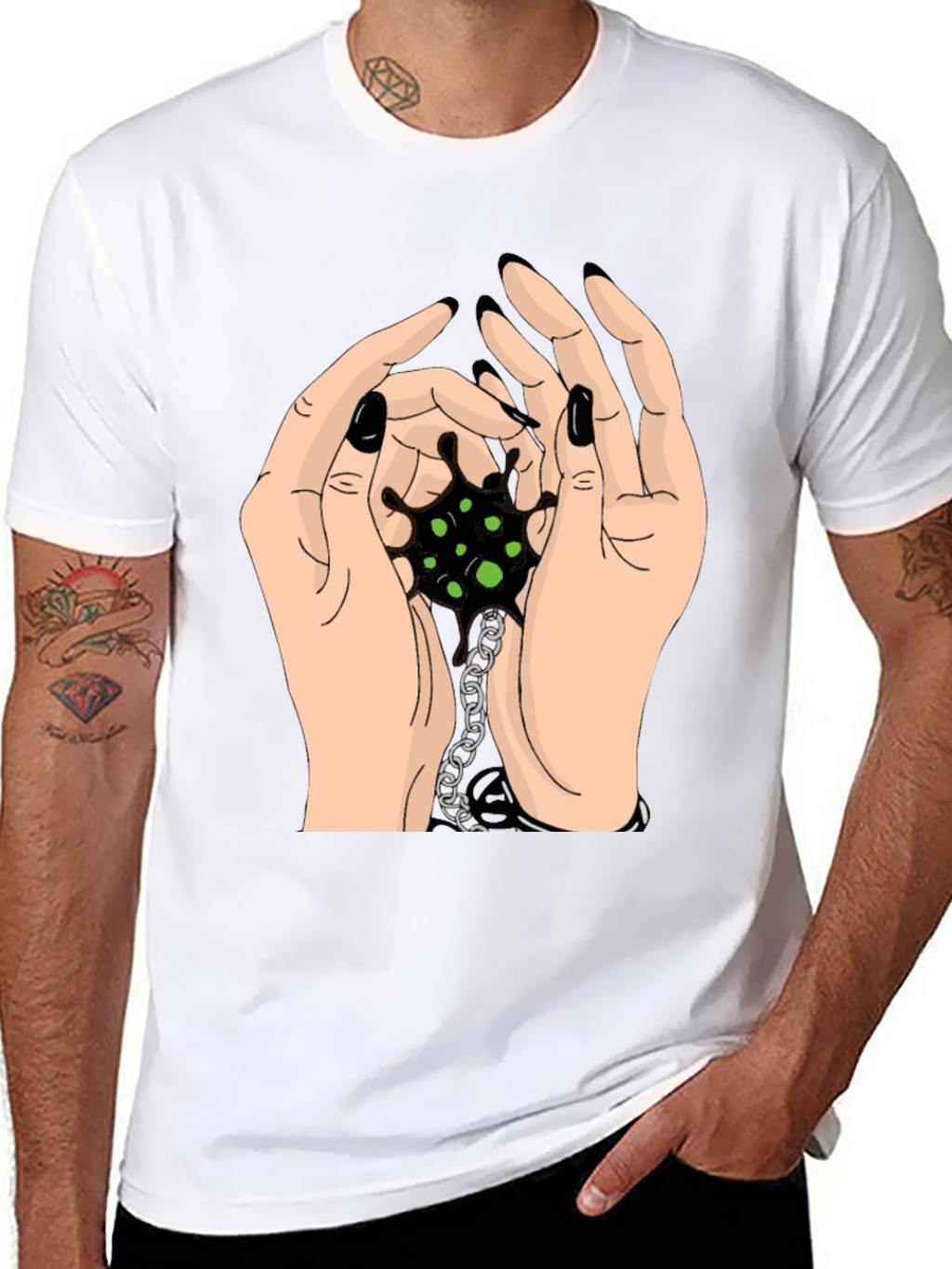 Hands Holding Chain Graphic Tee - Black Cotton